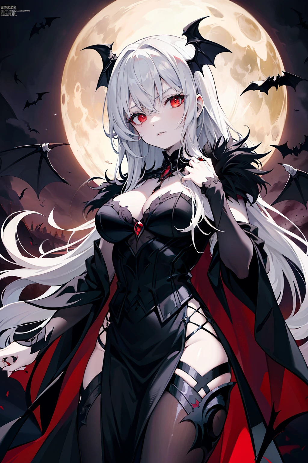 The vampire queen's portrait showcases her majestic presence, clad in a dark, regal robe adorned with intricate patterns that exude an air of antiquity. Her white hair, cascading in soft curls over her shoulders, contrasts starkly against her vampiric countenance. Her red eyes, gleaming with an eerie power, pierce through the darkness, reflecting a mixture of elegance and vampiric fear. The background elements, such as phantom bats and moonlit landscapes, add to the mystique and allure of her regal image, captivating the viewer with her striking gaze.
(magazine:1.