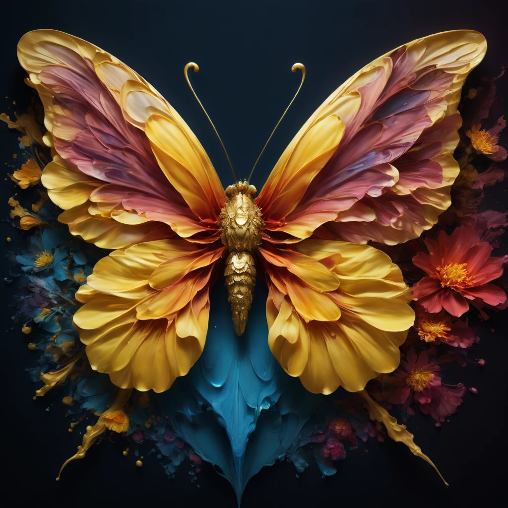High Resolution, High Quality, Masterpiece, Hyperrealistic hyperrealism. surrealism, overdetalization, golden ratio, A flowers magically arises from pools of multicolored ink like Alberto Seveso , a butterfly in a profile soars over a painting in the style of Mickey Asai Macrophotography. golden ratio, an ascending diagonal , deep colored abstract background. , sharp focus, intricate details, digital painting, trending on ArtStation, ultra-high definition , 32K . textures, iridescent and luminescent scales, breathtaking beauty, pure perfection, divine presence, unforgettable, impressive, breathtaking beauty, Volumetric light, auras, rays, vivid colors reflects. Dramatic lighting,