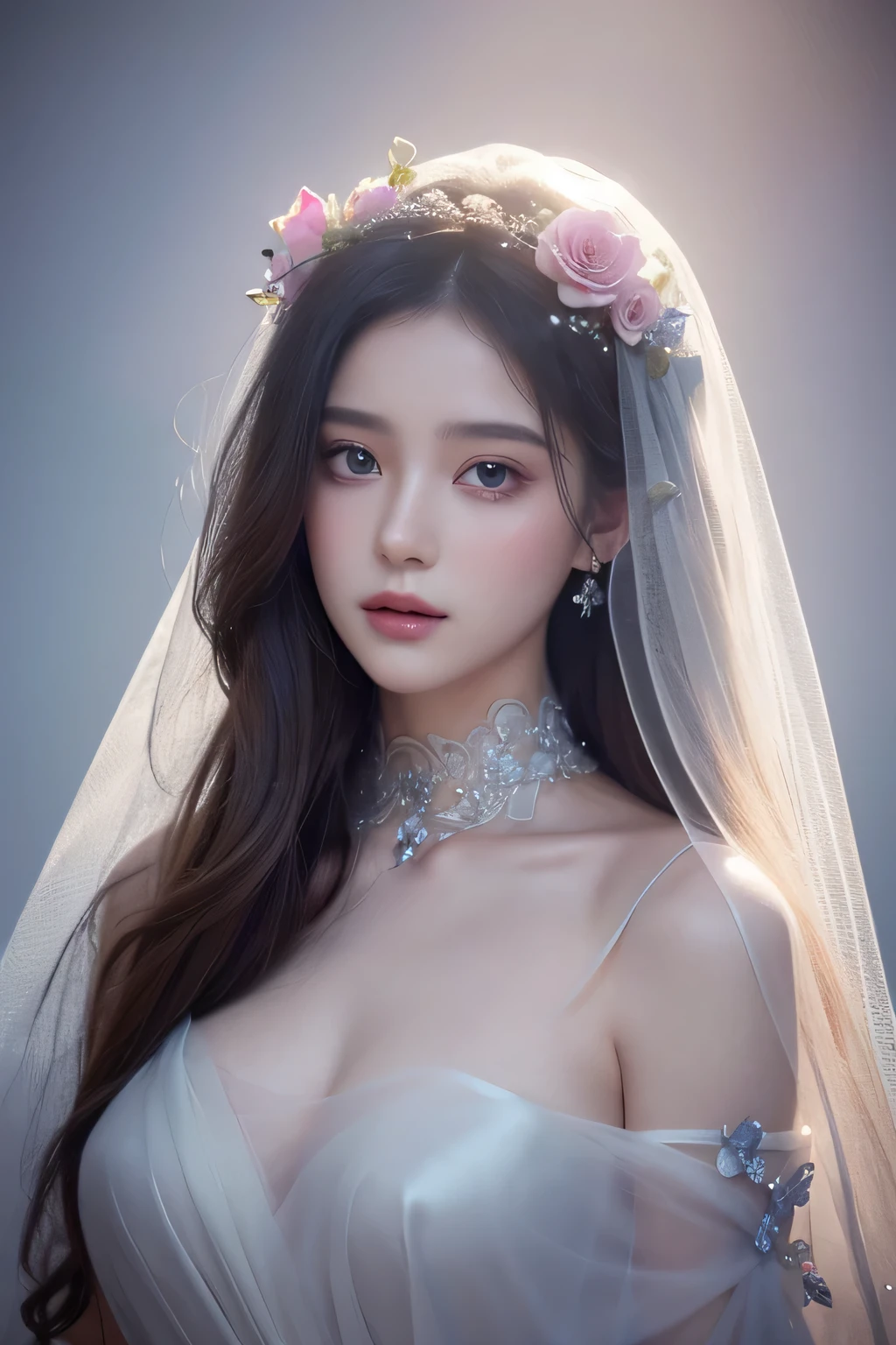 Draw a person wearing a veil、woman with flowers in hair, ethereal beauty, beautiful fantasy art portrait, ethereal fantasy, Beautiful digital artwork, beautiful fantasy art, Stunning young and ethereal figure, A beautiful artistic illustration, Incredibly ethereal, Elegant light-h 0, Beautiful fantasy portrait, Ethereal and dreamy, Dreamy and ethereal, Beautiful art ultra hd 4k