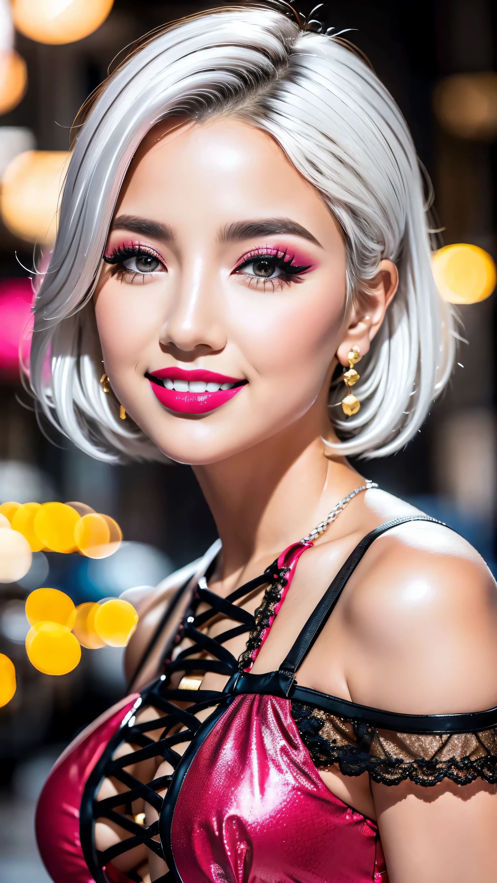 ((perfect round eyes))、dressed, ((Long lace-up dress in black and red, with lace white accessories:1.33)), (Ultra-realistic最high quality), (photo realistic:1.65), (realistic:1.65), (smoother lighting:1.05), (increase cinematic lighting quality:0.55), 16K, 32K, (1girl:1.3) 24years old、fashion supermodel、realistic lighting, light on face, (Super beautiful body)、(beautiful, detailed face:1.6)、(detailed eyes:1.45)、(detailed lips:1.3)、(Detailed nose:1.2)、(Increase body line mood:1.1), (Increase skin texture beauty:1.1), (pink_makeup:1.37), long_blue_eyeliner:1.42, (red_lipstick:1.32), iridescent eyes, with professional makeup, vibrant eyes:1.11, ((Glamour, paparazzi taking pictures of her)), ((very complicated Extravagant street outfit)), The attention to detail, Double eyelids, Wear an off-the-shoulder top, full bodyesbian,((Medium White hair:1.35)), ((brown_eyes:1.6)), contrast、dark shot:1.08、The ultra -The high-definition, (close-up)