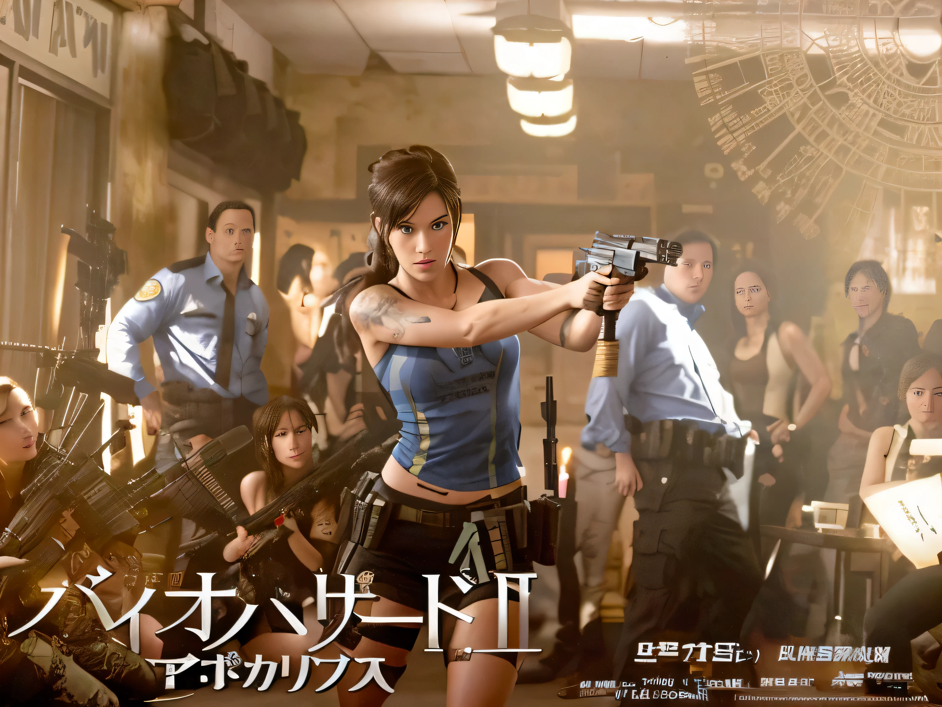 there is a woman holding a gun in a crowded room, glamorous jill valentine, megan fox as lara croft, john park, movie promotional image, action movie still, japanese live-action movie, by Hiroyuki Tajima, emma watson in starcraft ii, emma watson as lara croft, scene from live action movie, still from a live action movie, promotional movie still