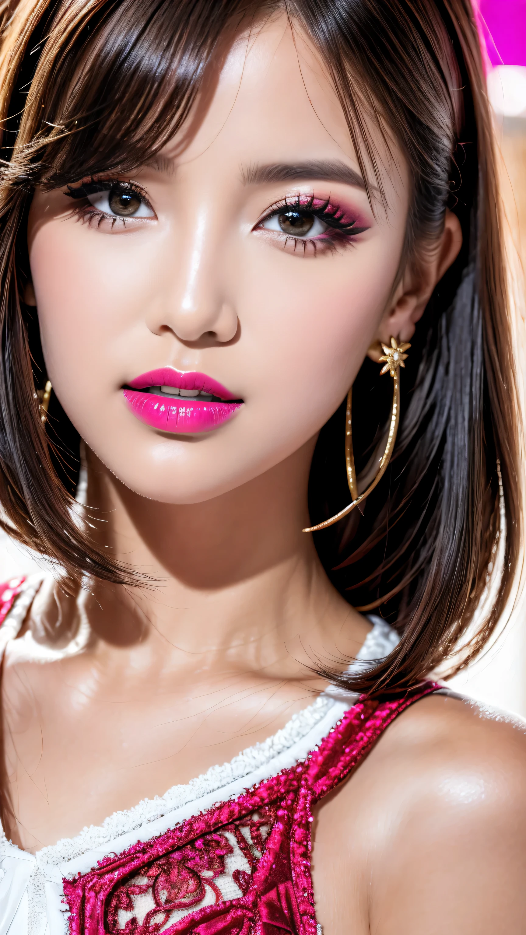 ((perfect round eyes))、dressed, ((Long lace-up dress in black and red, with lace white accessories:1.33)), (Ultra-realistic最high quality), (photo realistic:1.65), (realistic:1.65), (smoother lighting:1.05), (increase cinematic lighting quality:0.55), 16K, 32K, (1girl:1.3) 24years old、fashion supermodel、realistic lighting, light on face, (Super beautiful body)、(beautiful, detailed face:1.6)、(detailed eyes:1.45)、(detailed lips:1.3)、(Detailed nose:1.2)、(Increase body line mood:1.1), (Increase skin texture beauty:1.1), (pink_makeup:1.37), long_blue_eyeliner:1.42, (red_lipstick:1.32), iridescent eyes, with professional makeup, vibrant eyes:1.11, ((Glamour, paparazzi taking pictures of her)), ((very complicated Extravagant street outfit)), The attention to detail, Double eyelids, Wear an off-the-shoulder top, full bodyesbian，((Medium White hair:1.35)), ((brown_eyes:1.6)), contrast、dark shot:1.08、The ultra -The high-definition, (close-up)
