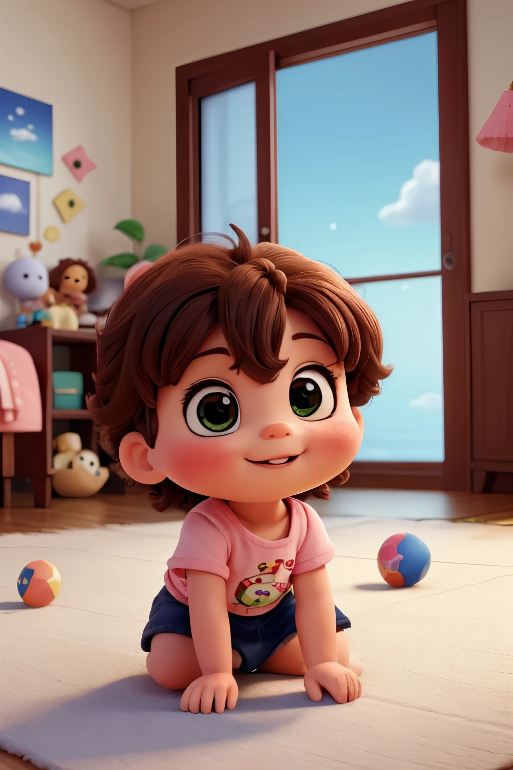Draw an adorable  in 3D, usando uma touca rosinha enquanto fica sentada com entusiasmo. Seus olhinhos curiosos brilham com alegria enquanto ele explora o mundo ao seu redor. A modelagem 3D deve capturar a fofura da touca rosa, destacando cada detalhe, from the pompoms to the soft texture. Crie um ambiente animado e acolhedor, com brinquedos coloridos e um tapete macio, to complement the charming scene of this babywling.