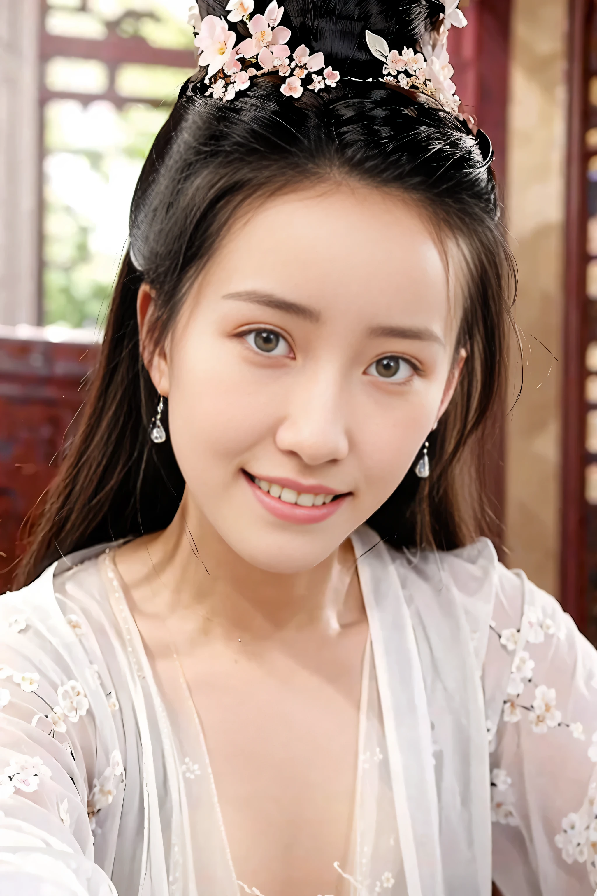 （1 20-year-old fashion model）， [[[[close up]]]], [[[[]]]], [[[[Shoulder]]]], perfect eyes, perfect iris，perfect lips，perfect teeth，Perfect skin，White skin，high dynamic range，girl，(delicate face)，(Highly clear face)，(((Smile)))，(((White ancient Chinese costume)))，(((Ancient Chinese bedroom in the background)))，(night)，4K Ultra HD, ultra high resolution, (realistically: 1.4), best quality，masterpiece，（pastel colors：1.2）