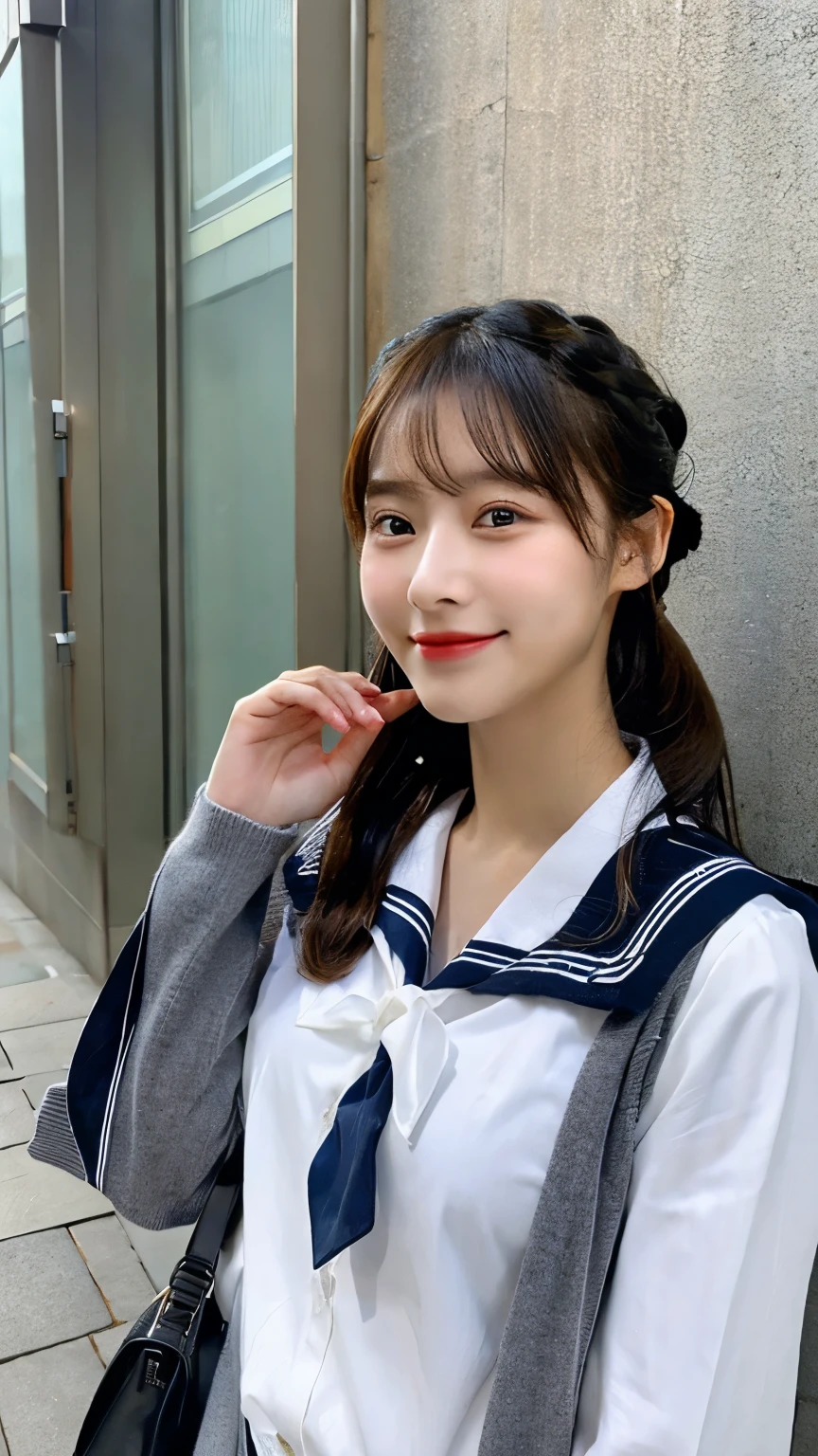 (masterpiece, best quality),
1girl, smile, open mouth, smile, waving one hand, from side, looking at viewer, holding leather bag,
BREAK girl, 15yo,(:1.3), black hair, long hair, ponytail with aqua Scrunchie, aqua eyes, (tareme:1.3), (huge breasts:1.1), hanging breasts,
BREAK white serafuku, long sleeve, (white shirt:1.3),
BREAK navy sailor collar, aqua neckerchief,
BREAK navy miniskirt, (unbuttoned gray cardigan:1.3), sleeves past finger,
BREAK
winter, cold, steam, morning, (station:1.3),