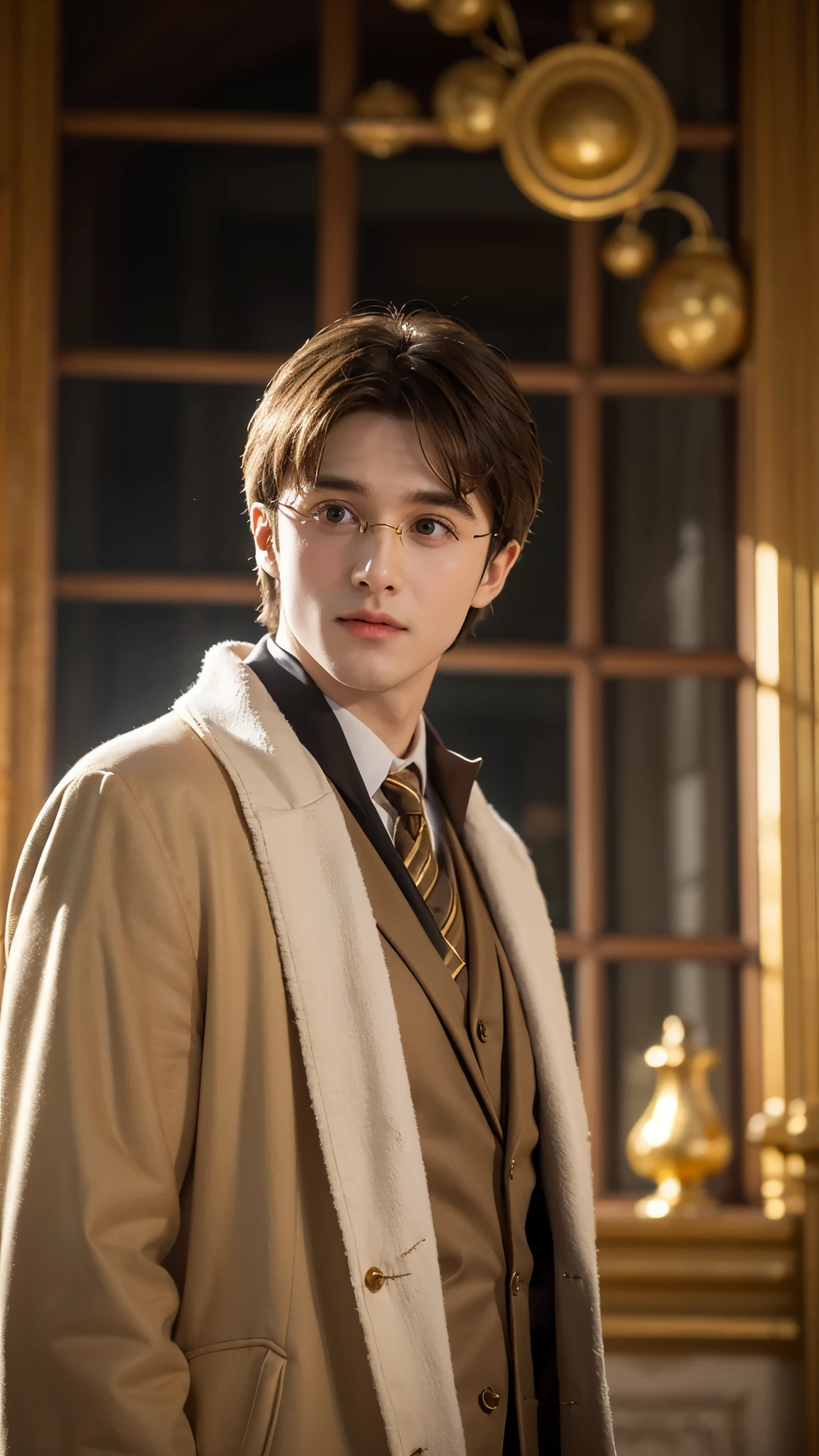 Harry Potter with golden skin, muscular body, naked upper body, nothing on upper body, golden ornaments, fancy clothes, Hogwarts in background, golden king, Harry Potter the emperor of gold, depicted in center, crowd in background, golden effects, golden magic, high quality, adoring Dumbledore, adoring Lord Voldemort,