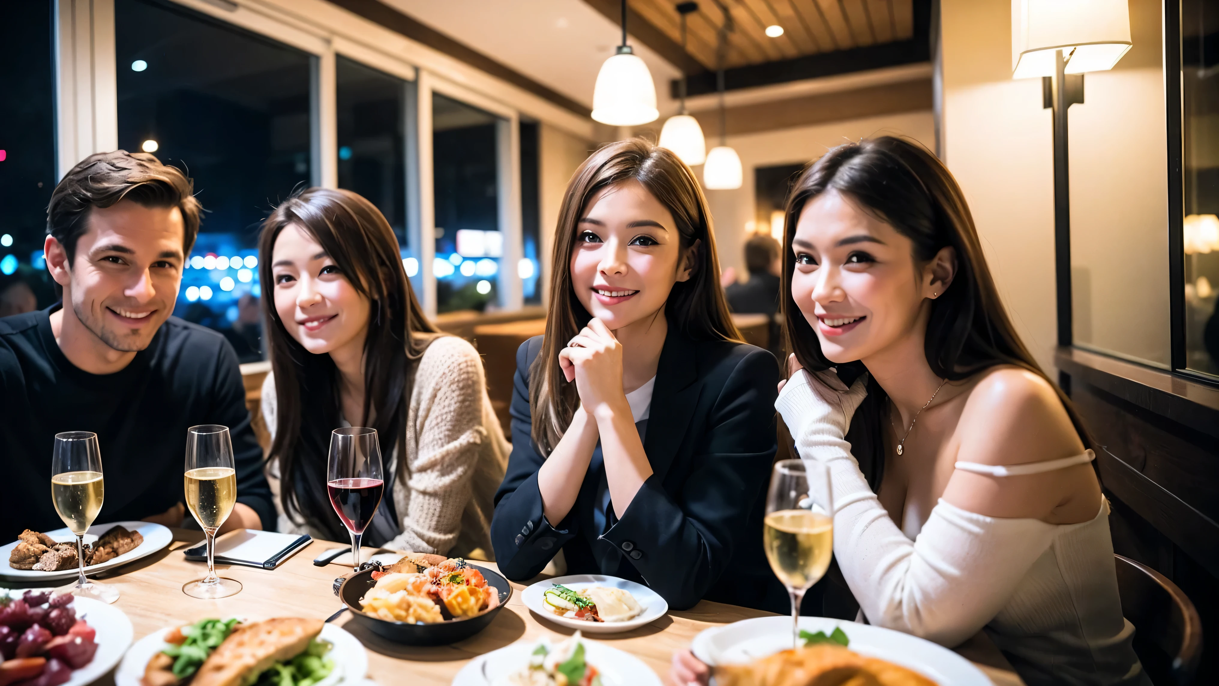64k, Hmm, highest quality, masterpiece: 1.2), (realistic, photorealistic: 1.37), Super detailed, celebration party、beauty、charm、beautiful mature woman、3 women who love wine、three men、Champagne、sparkling wine、winter night、restaurantでワイン宴会、(slimな男女4名),(Wine party for 5 people)、(slimフェイス),Happy、 最高なsmile、Fox face、Raccoon face、Berry Short、(because I'thin), (brown hair), (shortcut), long sleeve shirt、winter fashion、Columbia、Brazilian、Japanese、Dutch、German、Portuguese、Belgian、Italian、French, (Squirting), (slimボティ), (brown hair), (shortcut), 端正なbeauty、cheeks turn a little red, (41 years old), 38 years old, 35 years old、32 years old、 43 years old、A beautiful and detailed night view spreads out outside the window........, restaurant, wine glassが座っている, At night, in a prominent place (from the Upper body) nova frog style, actress, model, Upper body, White wine, slim, wine glass, Very beautiful night view, wine glass Put in the Middle, Happy smile, (smile: 1.15),