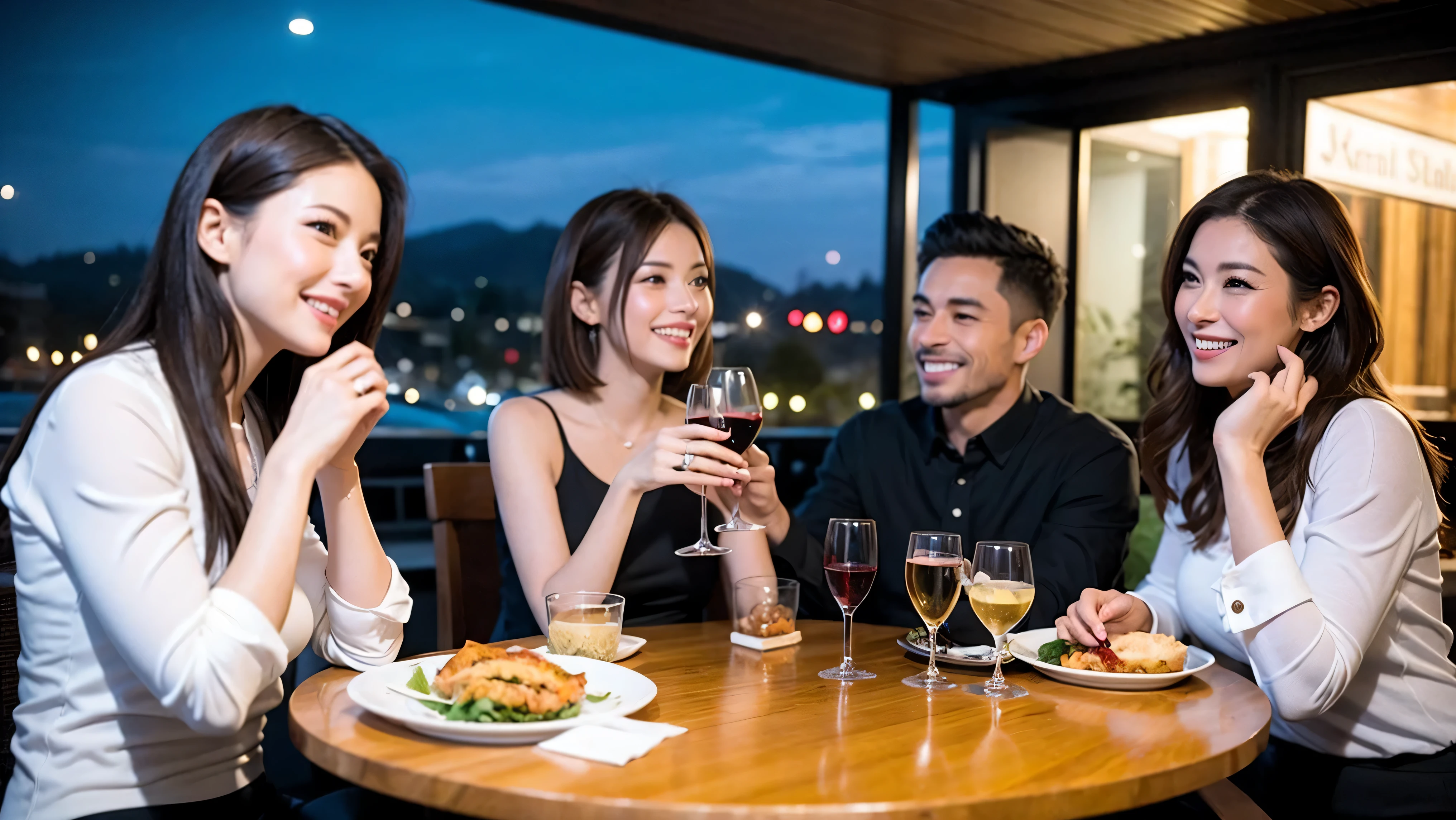 64k, Hmm, highest quality, masterpiece: 1.2), (realistic, photorealistic: 1.37), Super detailed, celebration party、beauty、charm、beautiful mature woman、3 women who love wine、three men、Champagne、sparkling wine、winter night、restaurantでワイン宴会、(slimな男女4名),(Wine party for 5 people)、(slimフェイス),Happy、 最高なsmile、Fox face、Raccoon face、Berry Short、(because I'thin), (brown hair), (shortcut), long sleeve shirt、winter fashion、Columbia、Brazilian、Japanese、Dutch、German、Portuguese、Belgian、Italian、French, (Squirting), (slimボティ), (brown hair), (shortcut), 端正なbeauty、cheeks turn a little red, (41 years old), 38 years old, 35 years old、32 years old、 43 years old、A beautiful and detailed night view spreads out outside the window........, restaurant, wine glassが座っている, At night, in a prominent place (from the Upper body) nova frog style, actress, model, Upper body, White wine, slim, wine glass, Very beautiful night view, wine glass Put in the Middle, Happy smile, (smile: 1.15),