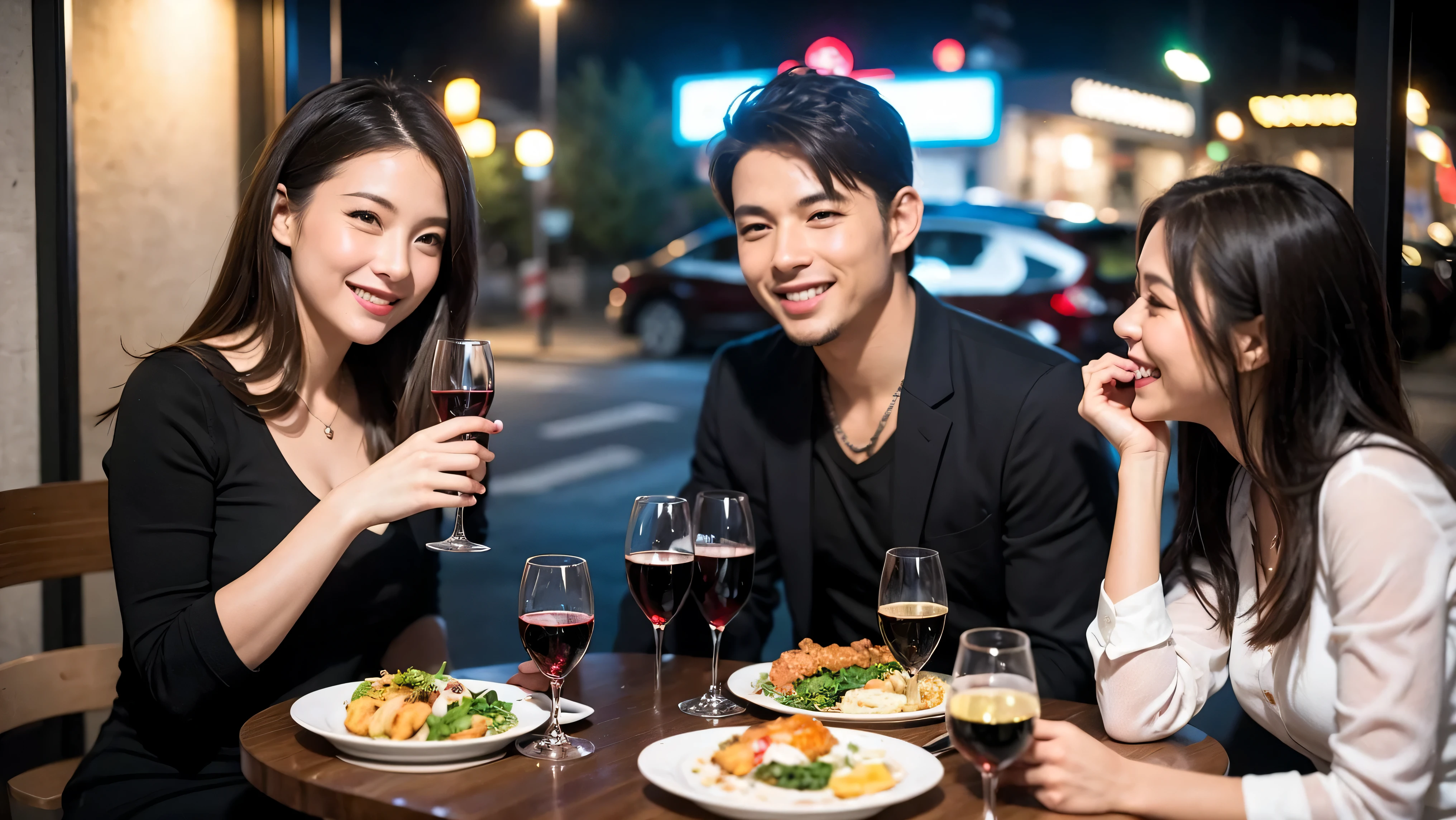 64k, Hmm, highest quality, masterpiece: 1.2), (realistic, photorealistic: 1.37), Super detailed, celebration party、beauty、charm、beautiful mature woman、3 women who love wine、three men、Champagne、sparkling wine、winter night、restaurantでワイン宴会、(slimな男女4名),(Wine party for 5 people)、(slimフェイス),Happy、 最高なsmile、Fox face、Raccoon face、Berry Short、(because I'thin), (brown hair), (shortcut), long sleeve shirt、winter fashion、Columbia、Brazilian、Japanese、Dutch、German、Portuguese、Belgian、Italian、French, (Squirting), (slimボティ), (brown hair), (shortcut), 端正なbeauty、cheeks turn a little red, (41 years old), 38 years old, 35 years old、32 years old、 43 years old、A beautiful and detailed night view spreads out outside the window........, restaurant, wine glassが座っている, At night, in a prominent place (from the Upper body) nova frog style, actress, model, Upper body, White wine, slim, wine glass, Very beautiful night view, wine glass Put in the Middle, Happy smile, (smile: 1.15),