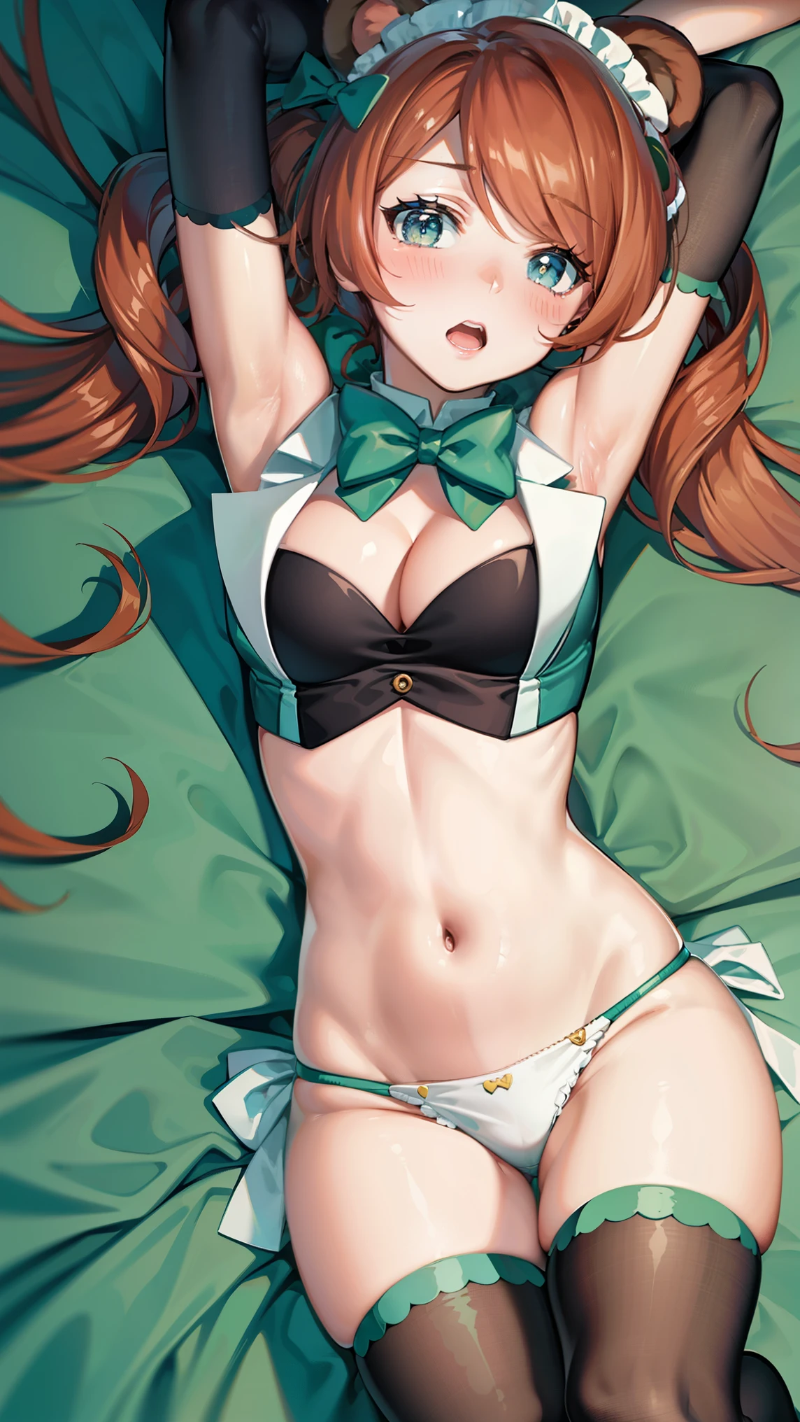 LuluYurigasaki, long hair, twintails, maid headdress, bear ears, green bowtie, paw gloves, maid, revealing clothes, frilled thighhighs, paw shoes, lying on bed,(spread legs1.5),looking at viewer,blush,open mouth,white panties