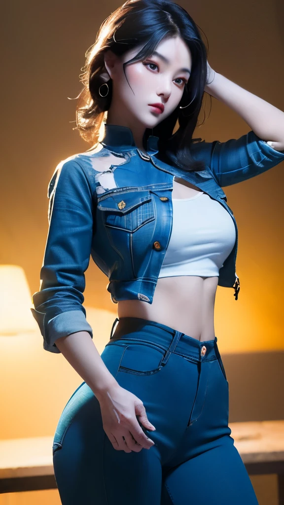 best quality, (original photo: 1.2), (masterpiece: 1.4), (actual: 1.4), (high resolution: 1.4), Chinese actress Guli Nazha, depth of field, intricate details, 8k, Very detailed, perfect lighting, epic background, big bust 1.3, Jeans and clothes are messy, shattered, The whole body is soaked