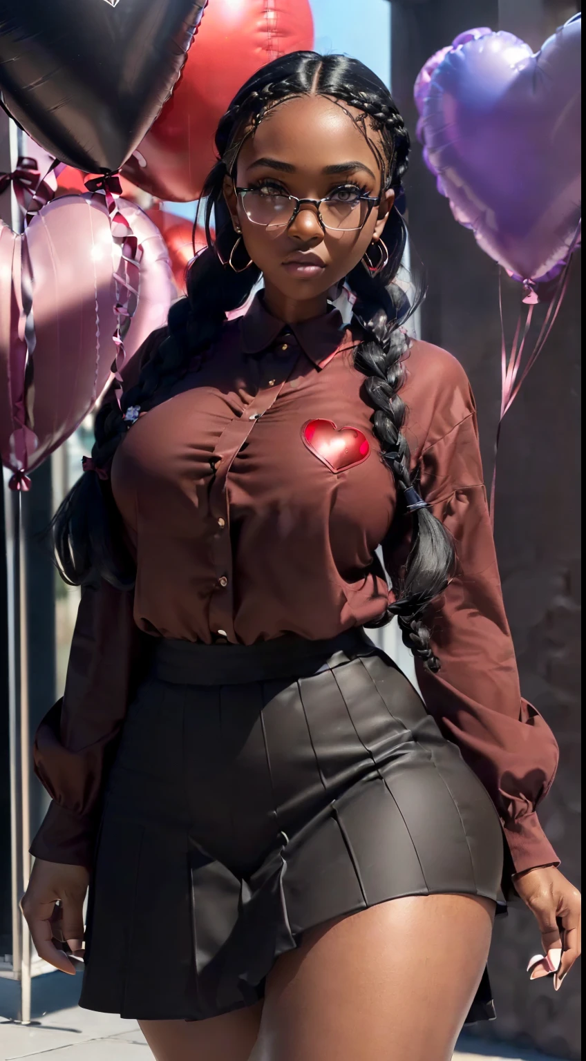 ((ultra high definition)), ((ultra high resolution)), ((ultra sharpness)), ((cinematic)), ((8K)), ((Unreal Engine 5)), ((Ultra Black girl)), ((ultra dark skin)), ((extremely beautiful)), ((glasses), ((totally realistic)), ((total fidelity)), ((ultra curvy)), ((front view)), ((big ass and thick thighs)), ((tall)), ((ultra detailed face)), ((beautiful forehead)), ((ultra detailed eyes)), ((brown eyes)), ((sexy thick lips)), ((ultra detailed irises)), ((ultra detailed hands)), ((ultra detailed fingers)), (((alone))), (((full body))), ((natural lighting)), ((skin hair)), ((always the same face)), ((repeat always the same face)), ((always the same body)), ((always the same body proportions)), ((wearing a red long sleeve shirt and short black skirt)), ((heart shaped balloons)), ((valentine celebration)), ((in front of valentine gift shop)), ((alone in the photo)), ((repeat the same clothes)), ((always the same clothes)), ((looking at the camera)), ((long braided hair)), ((detailed hair)), ((black hair)),