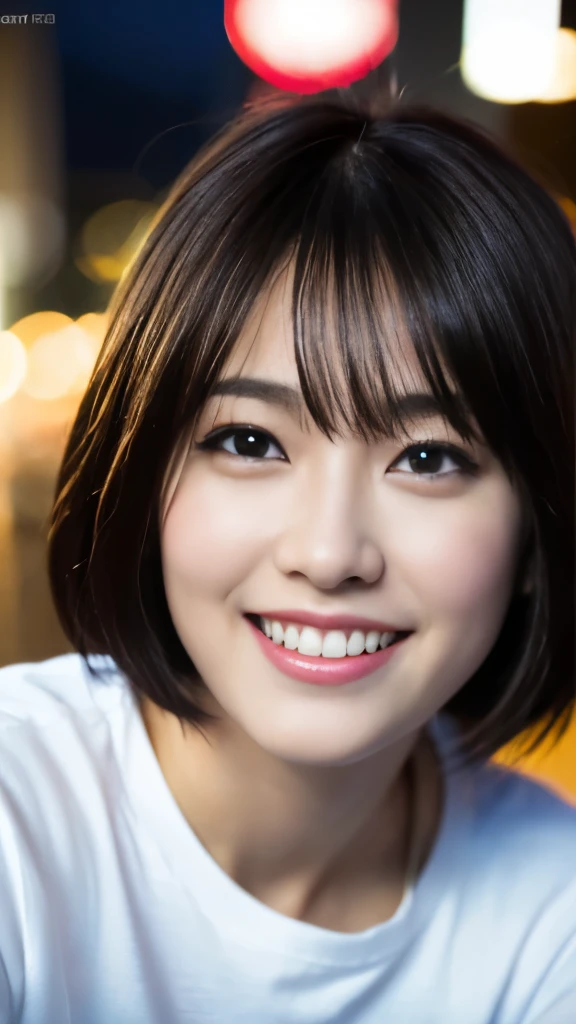 (8k, RAW Photos, Best Quality, High Resolution: 1.1), (Ultra Realistic: 1.4), (Realistic, Photorealistic: 1.3), Soft Light, Big Girl, Realistic Face, Realistic Body, Realistic Skin, Absurdity, Masterpiece, (Cute: 1.8), Cuties, Solo, (Large: 1.2), Detailed Black Eyes, Innocent Eyes, Cheeks, (T-Shirt: 1.2), Cracked Abs, Cinema Lights((Short Hair: 1.1)), Cherry Colored Lips, Close-up, Look Viewer, Upper Body, Open Lips, Top Teeth, (Smiling Eyes: 0.6), ((grinning: 1.2)), Depth of Field, Blurred Background, Eye Focus, Bokeh, Midnight, Shinjuku, Neon Sign, Cyberpunk, Rain, 85mm Lens, f/1.4, Professional Lighting, Young, Portrait, Photon mapping, radiosity, and physically based rendering
