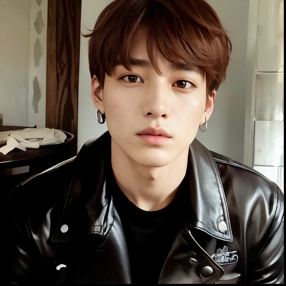 jungkook, 26 years, mirada llamativa, pose segura, camiseta blanca y chaqueta de cuero negra, con una cadena de plata, oscuro, cabello desordenado con estilo.