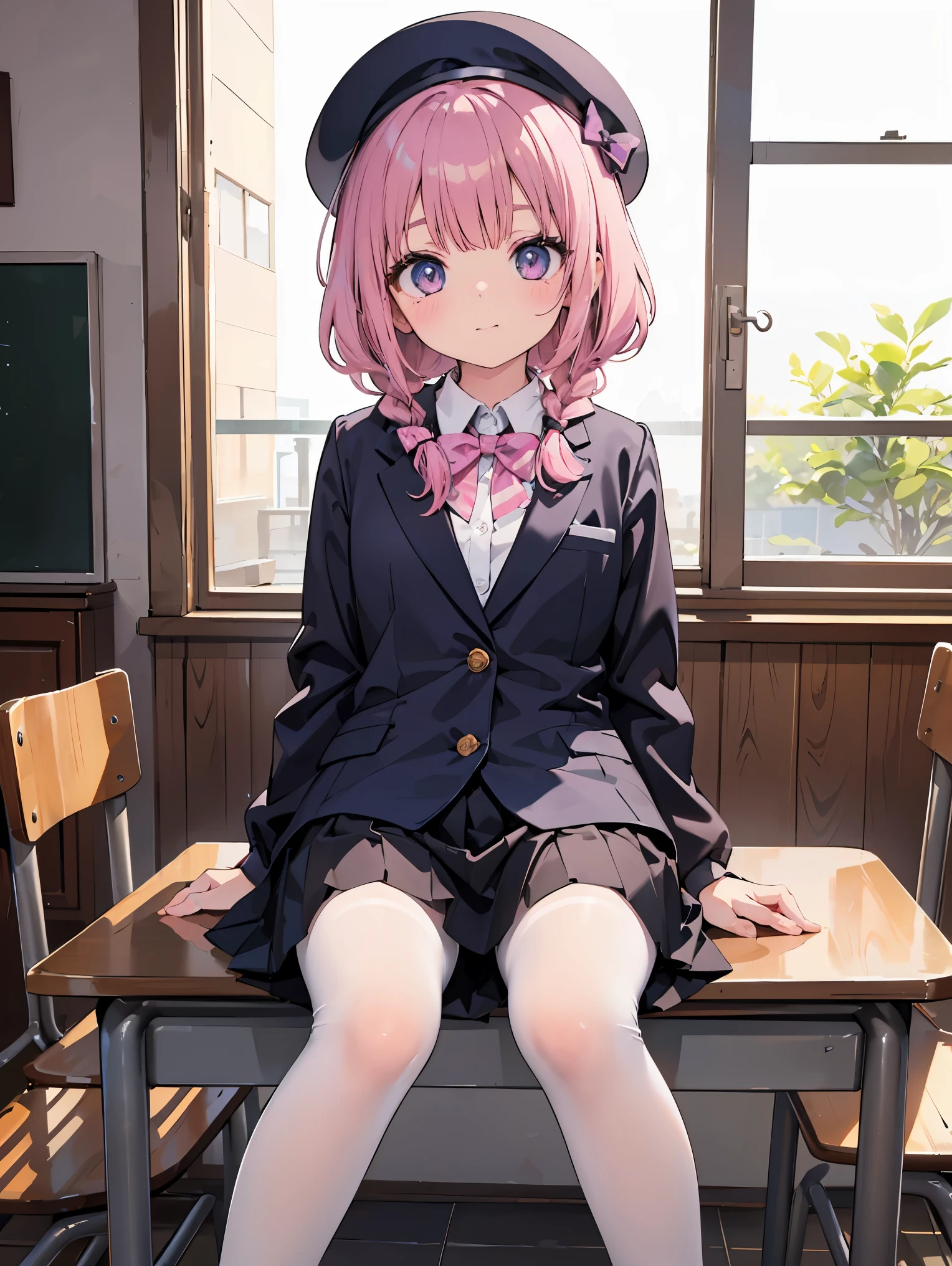 細部に至るまinの傑作、highest quality、realistic、1 girl、solo、18-year-old、Looks about 5 years old、140cm beautiful girl、、5 year old baby face、Silky hair、Gradient bob braids falling in the front、pink and purple mesh、big vertical eyes、Outstanding looks、cute 、proximity、closed_mouth、laughter、blush、恥ずかしさinいっぱい、beret、pink bow tie、Branded uniforms、 青いblazer、blazer、pleated skirt、gray skirt、silk blouse、white blouse、feet、black tights、sit on top、classroom、hair_ornament、looking for_in_viewer、beiniful detailed eyes、realistic目、tights on、Not clear、professional effects、Not clear、enhanced elegance、Really ridiculous cuteness、cute