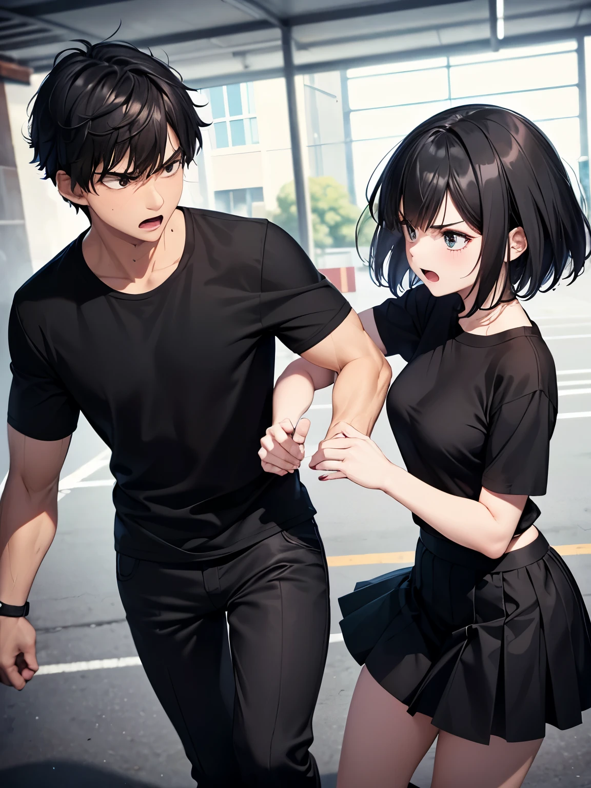 Couple,duo,girl and man fighting, angry expression,short hair, black t-shirt,black hair, black shirt, black pants, black short skirt, ultra detail, ultra hd, masterpiece, 4k