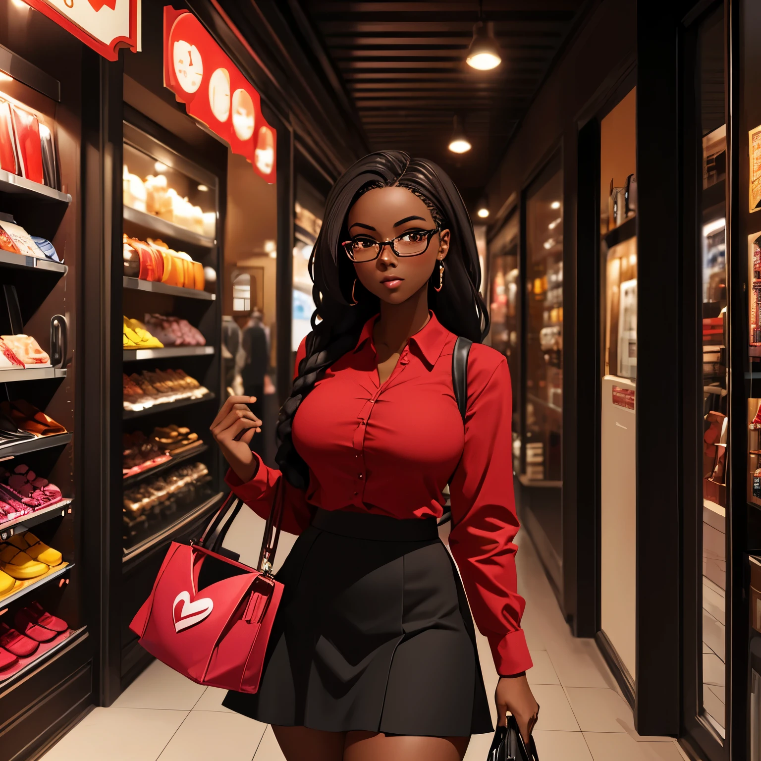 4k resolution, ultra high definition, ultra high detail, ultra high quality, unreal engine (((only 1 person))), Tall dark African girl, dark ebony skin, ultra detailed skin, detailed face, braided hair, beautiful wide forehead, round cheeks, sexy dark brown eyes, wearing glasses, sexy thick lips, big bust, thick thighs, curvy, holding a handbag in left hand and a heart balloon in right hand, wearing a red long sleeve shirt, short black skirt, standing in front of valentine gift shop, (((Alone))), wearing a pair of black slippers 