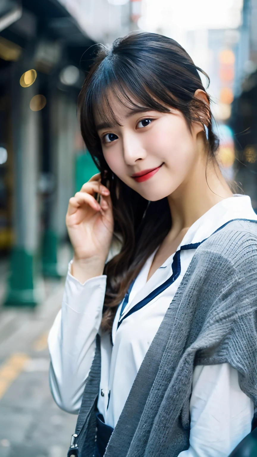 (masterpiece, best quality),
1girl, smile, open mouth, smile, waving one hand, from side, looking at viewer, holding leather bag,
BREAK girl, ,(:1.3), black hair, long hair, ponytail with aqua Scrunchie, aqua eyes, (tareme:1.3), (huge breasts:1.1), hanging breasts,
BREAK white serafuku, long sleeve, (white shirt:1.3),
BREAK navy sailor collar, aqua neckerchief,
BREAK navy miniskirt, (unbuttoned gray cardigan:1.3), sleeves past finger,
BREAK
winter, cold, steam, morning, (station:1.3),