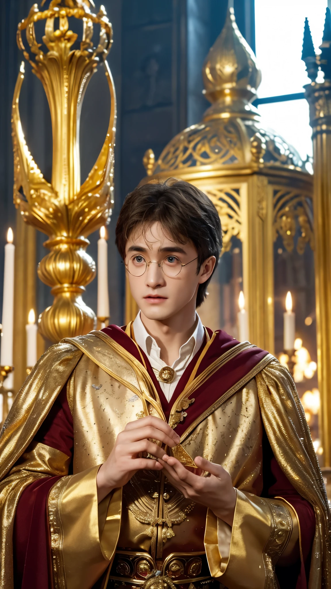 blue skin Harry Potter, muscular body, bare upper body, golden ornaments, flashy costume, Hogwarts in the background, golden king, golden emperor Harry Potter, painted in the center, crowd in the background, golden effect, golden magic, high quality,Harry Potter with golden skin, muscular body, bare upper bodyHarry Potter with golden skin, nothing on, naked, nothing on upper body, golden ornaments, flashy costume, Hogwarts in background, golden king, golden emperor Harry Potter, painted in the center, crowd in background, golden effect, golden magic, high quality, high definition