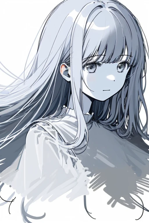 1girl/ 😄/ upper body/ close-up Face/ long hair/ Each hair is fine and delicate/ very rough sketch/ Thin line/ Roughly and roughly drawn illustrations/ White background/
