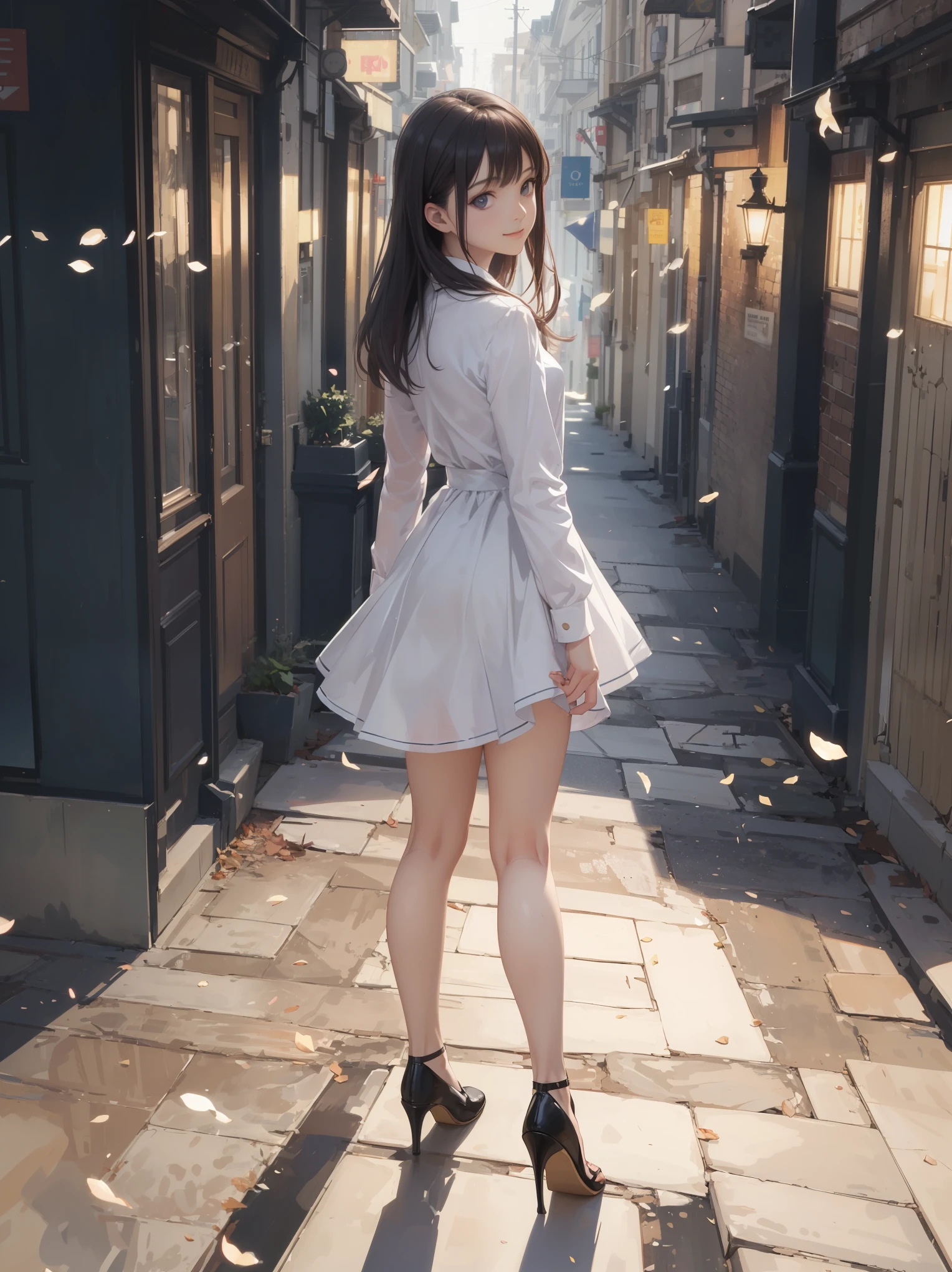 (Masterpiece by the Almighty Creator God: 1.4), (Absolute resolution: 1.4), (Ultra high quality: 1.4), Incredibly ultra-detailed and detailed, (Dynamic shot), (A scene from a film by a master photographer), Best composition and background to highlight the main girl, Ultra-detailed, delicate and ultra-realistic work, ( Complex, detailed and realistic materials, textures and light sources: 1.3), (perfect anatomy: 1.2), Best Illustration Grand Prize winner, BREAK. Girl, solo, the greatest super-genius actress of all time, rare super-genius acting actress and model who understands the required acting and poses and gives an even more amazing pose and powerful performance, reincarnation of the goddess Aphrodite, exquisite beauty, slender legs, full body from head to toe, from above, looking at the viewer: 1.3) , fashionable, BREAK. Broken shirts, long sleeves, dresses, primary school uniforms, branded student uniforms, BREAK. (Point light source: 1.2), grainy illusory light source, blurred background, (depth of field: 1.5), tilting head, from behind, looking at viewer, looking back, flexible body, looking up, (depth of field: 1.4), looking at viewer, (cute smile), BREAK. Dazed background, popular background, cute,
