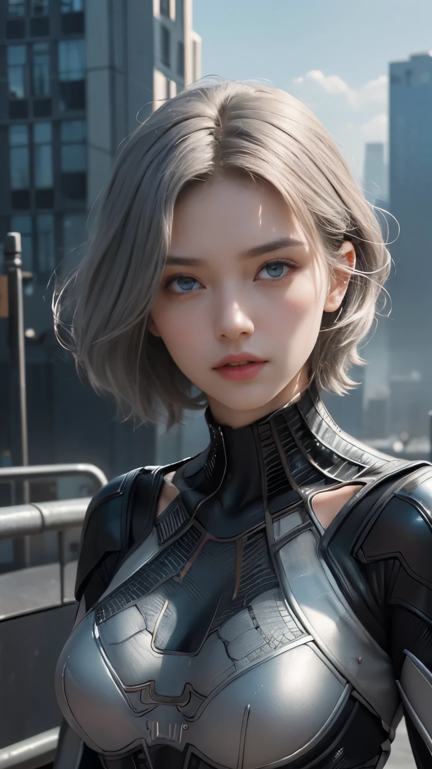 (1girl:1.3), Solo, (((Very detailed face)))), ((Very detailed eyes and face)))), Beautiful detail eyes, Body parts__, Official art, Unified 8k wallpaper, Super detailed, beautiful and beautiful, beautiful, masterpiece, best quality, original, masterpiece, super fine photo, best quality, super high resolution, realistic realism, sunlight, full body portrait, amazing beauty, dynamic pose, delicate face, vibrant eyes, (from the front), She wears Spider-Man suit, silver and black color scheme, spider, very detailed city roof background, rooftop, overlooking the city, detailed face, detailed complex busy background, messy, gorgeous, milky white, highly detailed skin, realistic skin details, visible pores, clear focus, volumetric fog, 8k uhd, DSLR, high quality, film grain, fair skin, photo realism, lomography, futuristic dystopian megalopolis, translucent,cool beauty,tall girl,short hair,silver hair,Precisely expresses details such as face and skin texture,beautiful eye, double eyelid,delicate skin,slender body shape,alone,big breasts,
