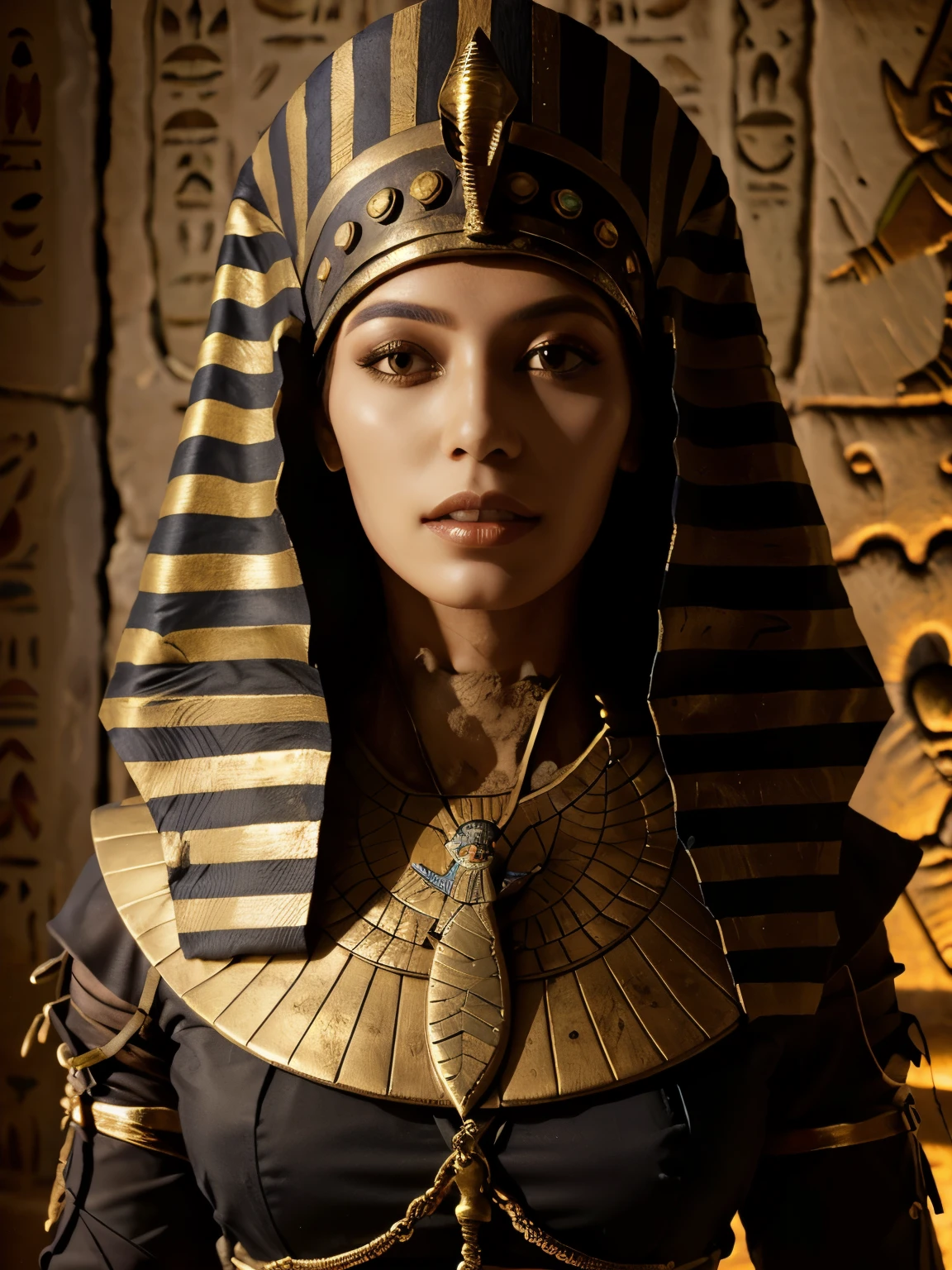 Egyptian Pharaoh mummy goddess in mummy wrapping, beautiful model, young gorgeous women, mummified, storm Egyptian god, wind Egyptian god, Nyarlathotep, an undead desert lich pharaoh, portrait of a scorpion goddess, photo of ghost of Anubis, eldritch goddess, Egyptian mummy queen, goddess. extremely high detail, ultra realistic, , right halve of face revealing mummified face, mummy covered in Egyptian pharaoh armor, full body picture, photograph from head to toe, full body view, lower body and legs visible