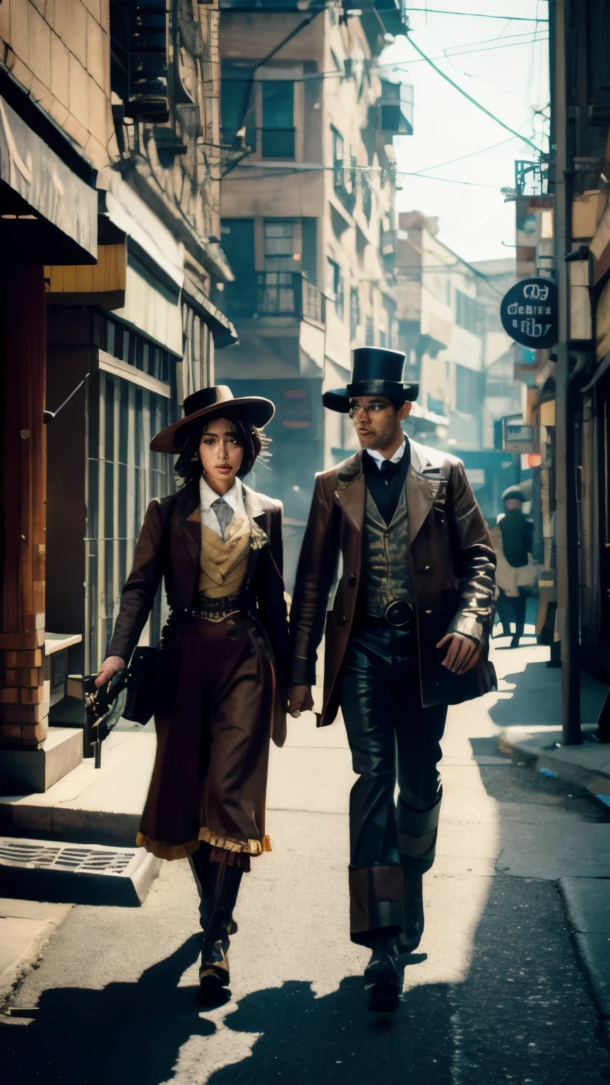 they are two robots walking down the street with guns, detailed cinematic photography, steampunk digital art, bigstudiovfx, still image from tv series, anthropomorphic female, featured on vimeo, yasuke 5 0 0 px models, by Robert Koehler, interconnected human lifeforms, shot on anamorphic lenses  