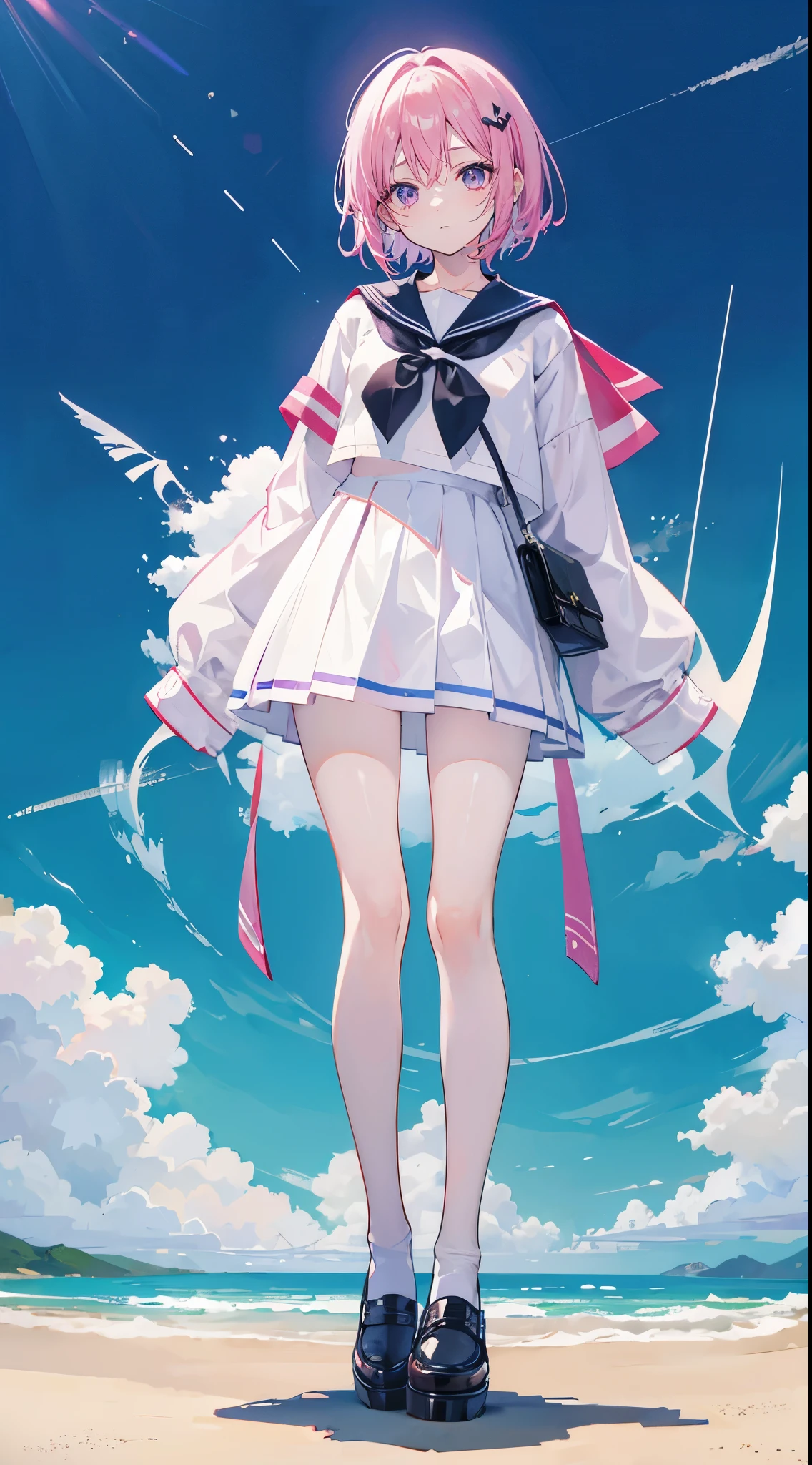 pink hair,purple eyes,short hair,sister head,Two black hairpins,girl,Lovely,Body is very thin, JK sailor suit,White silk pantyhose,Wear small leather shoes on your feet,whole body,stand on the ground,Does not expose fingers,The background is blue sky and white clouds