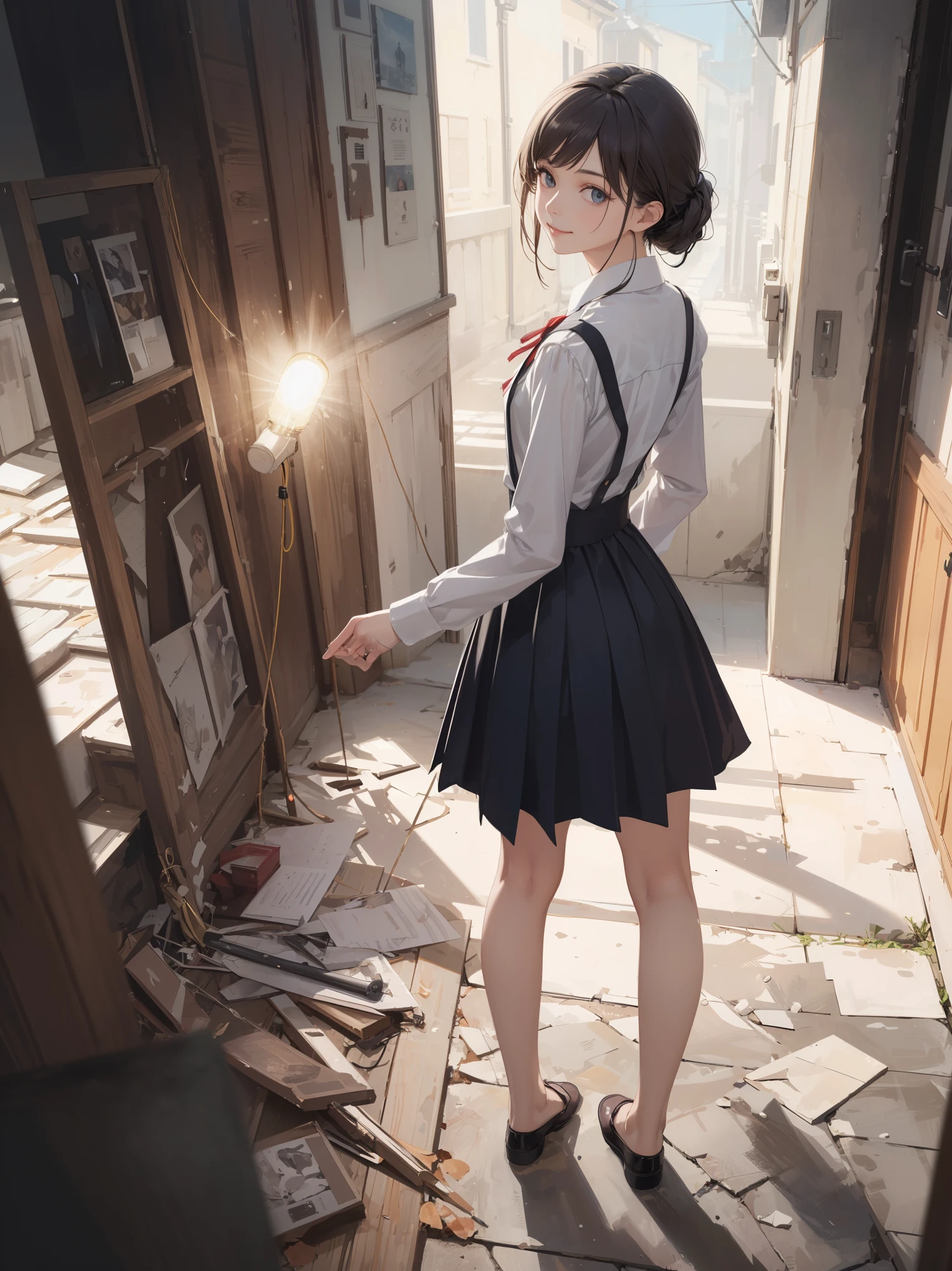 (Masterpiece by the Almighty Creator God: 1.4), (Absolute resolution: 1.4), (Ultra high quality: 1.4), Incredibly ultra-detailed and detailed, (Dynamic shot), (A scene from a film by a master photographer), Best composition and background to highlight the main girl, Ultra-detailed, delicate and ultra-realistic work, ( Complex, detailed and realistic materials, textures and light sources: 1.3), (perfect anatomy: 1.2), Best Illustration Grand Prize winner, BREAK. Girl, solo, the greatest super-genius actress of all time, rare super-genius acting actress and model who understands the required acting and poses and gives an even more amazing pose and powerful performance, reincarnation of the goddess Aphrodite, exquisite beauty, slender legs, full body from head to toe, from above, looking at the viewer: 1.3) , fashionable, BREAK. Broken shirts, long sleeves, dresses, primary school uniforms, branded student uniforms, BREAK. (Point light source: 1.2), grainy illusory light source, blurred background, (depth of field: 1.5), tilting head, from behind, looking at viewer, looking back, flexible body, looking up, (depth of field: 1.4), looking at viewer, (cute smile), BREAK. Dazed background, popular background, cute,