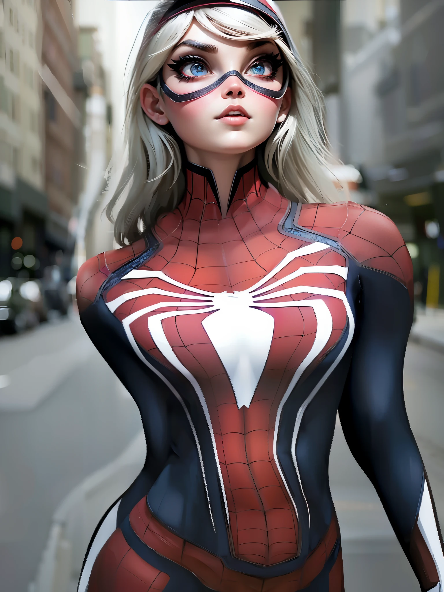 spider - man woman in a black and red costume walking down a street, ( ( spiderwoman ) ), spiderwoman!!, spider woman, spiderwoman!!!!!, spider gwen, futuristic style spiderman, cables on her body, marvel style, realistic cosplay, in style of marvel and dc, in style of marvel, gwen stacy, spider-gwen, spider - gwen, big eyes:1.4, detailed eyes:1.4