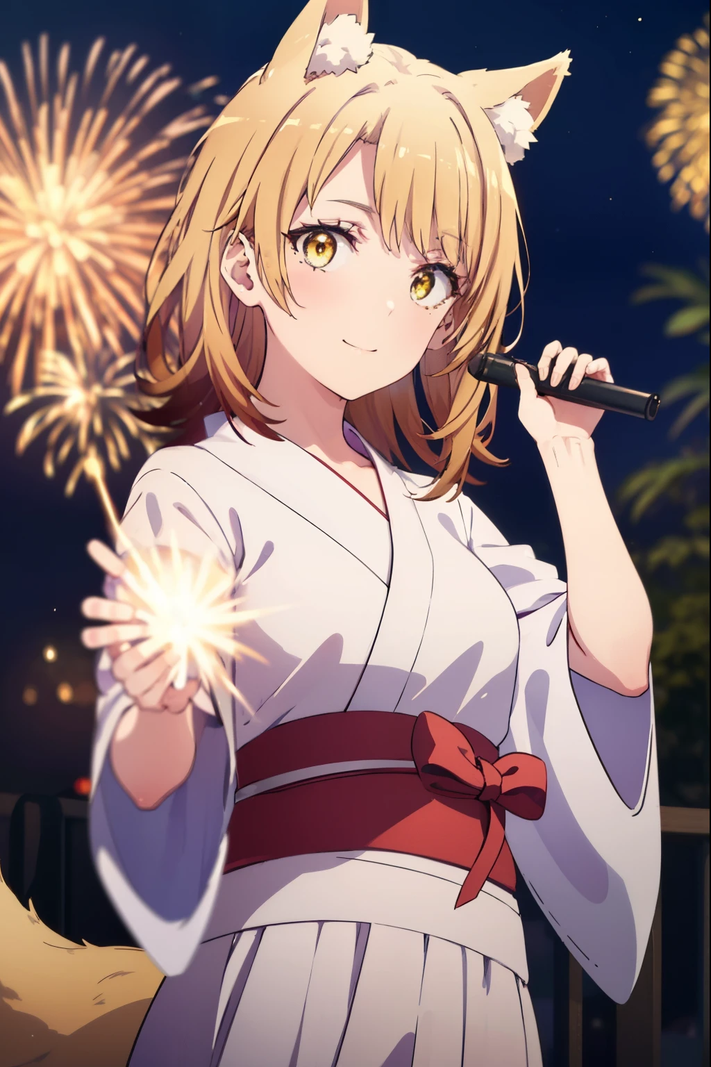 irohaisshiki, iroha isshiki, long hair, brown hair, (brown eyes:1.5), smile,blush,animal earsの綿毛, animal ears, fox ears, fox girl, Fox tail, brown hair, tail, yellow floral pattern yukata,long skirt,Fireworks in the night sky,fireworks,The place is a fireworks display,Time is night,sunny day,全身がイラストに入るように
break outdoors, festival,
break (masterpiece:1.2), highest quality, High resolution, unity 8k wallpaper, (figure:0.8), (detailed and beautiful eyes:1.6), highly detailed face, perfect lighting, Very detailed CG,(Beautiful detailed eyes:1.6), extra detailed face, extremely details CG,