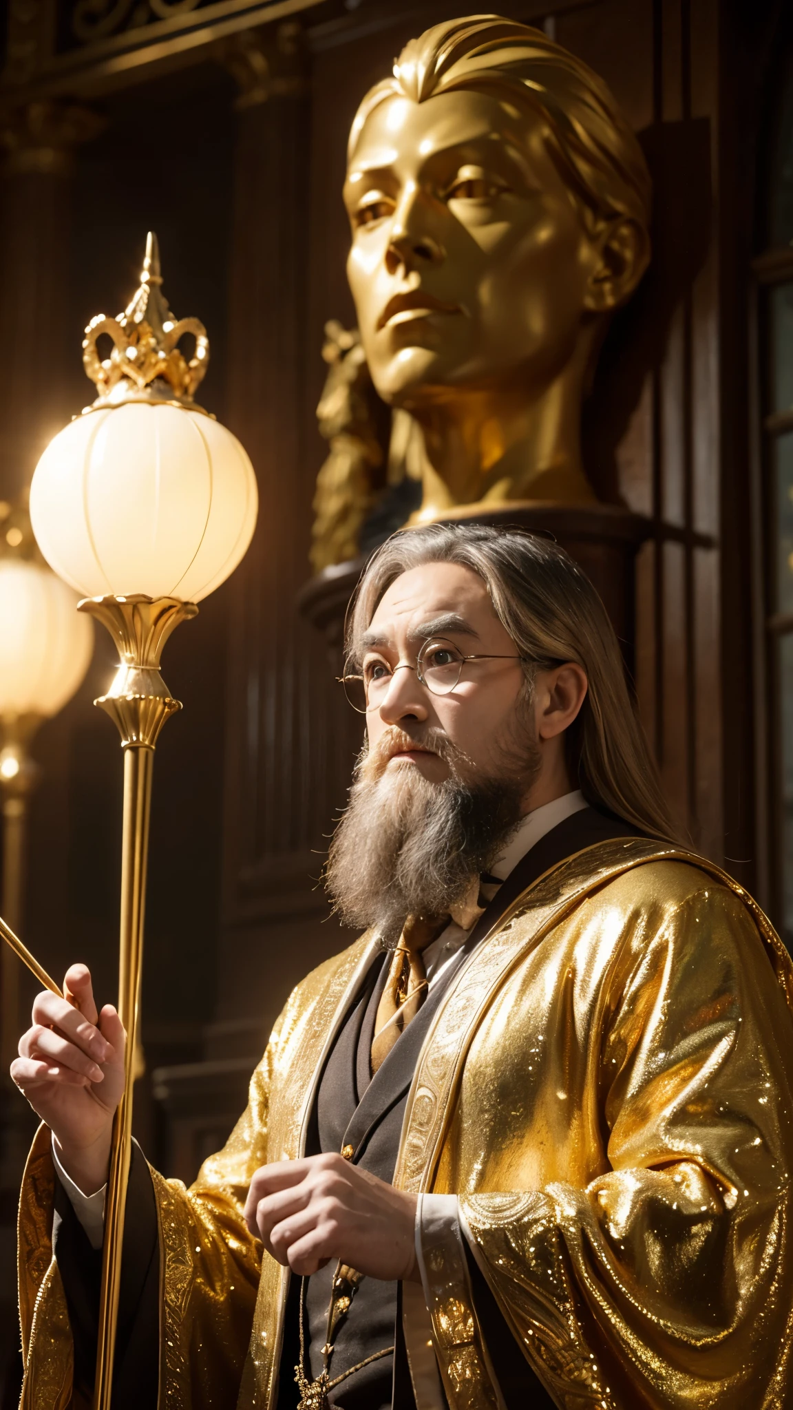 Harry Potter with golden skin, muscular body, naked upper body, nothing on upper body, golden ornaments, fancy clothes, Hogwarts in background, golden king, Harry Potter the emperor of gold, glasses, depiction in center, crowd in background, golden effects, golden magic, high quality, adoring Dumbledore in background, adoring Lord Voldemort in background,Harry Potter with golden skin, muscular body, naked upper body, nothing on upper body, golden ornaments, fancy clothes, Hogwarts in background, golden king, Harry Potter the emperor of gold, glasses, depiction in center, crowd in background, golden effects, golden magic, high quality, adoring Dumbledore in background, adoring Lord Voldemort in background,