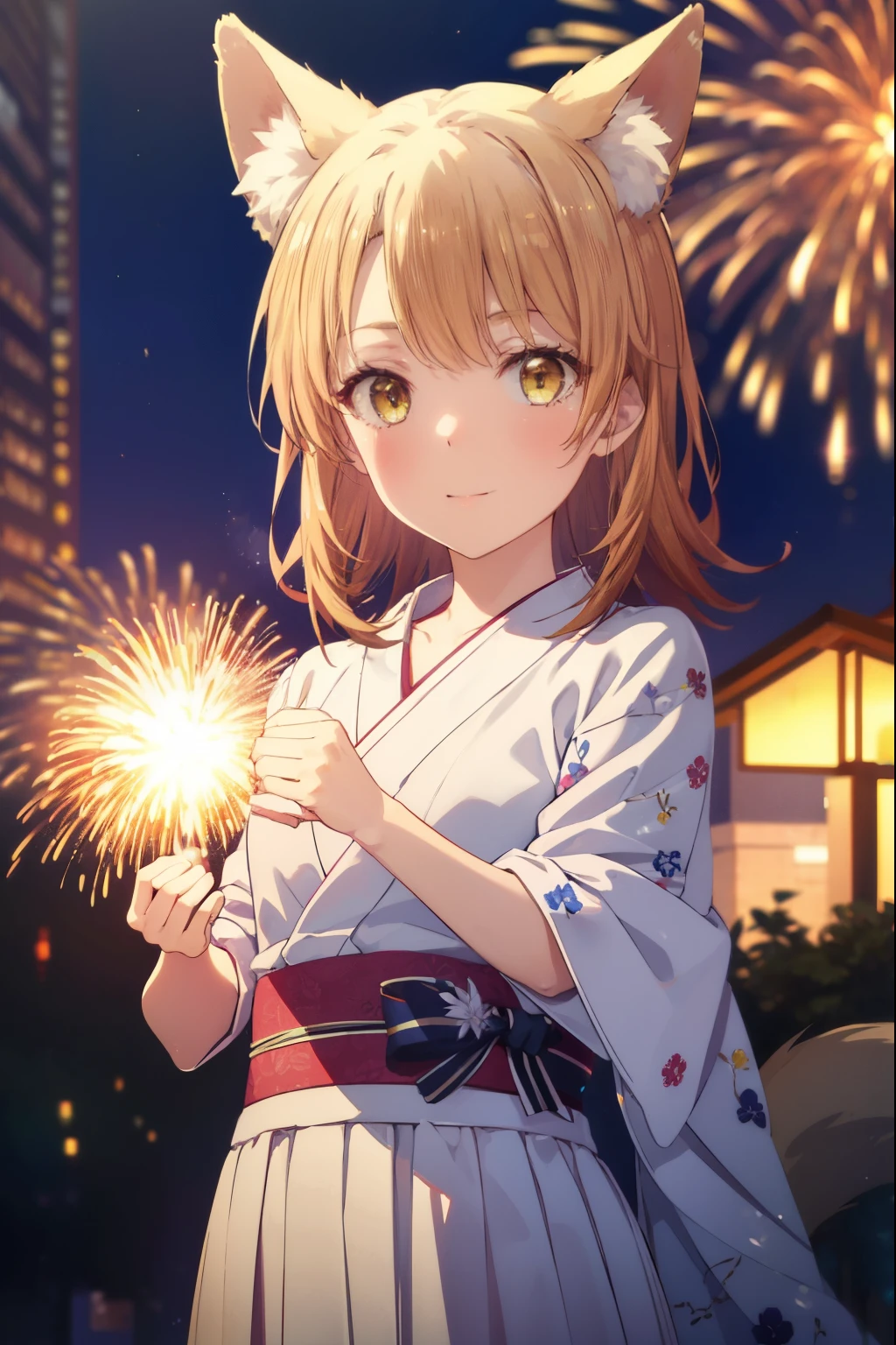 irohaisshiki, iroha isshiki, long hair, brown hair, (brown eyes:1.5), smile,blush,animal earsの綿毛, animal ears, fox ears, fox girl, Fox tail, brown hair, tail, yellow floral pattern yukata,long skirt,Fireworks in the night sky,fireworks,The place is a fireworks display,Time is night,sunny day,全身がイラストに入るように
break outdoors, festival,
break (masterpiece:1.2), highest quality, High resolution, unity 8k wallpaper, (figure:0.8), (detailed and beautiful eyes:1.6), highly detailed face, perfect lighting, Very detailed CG,(Beautiful detailed eyes:1.6), extra detailed face, extremely details CG,