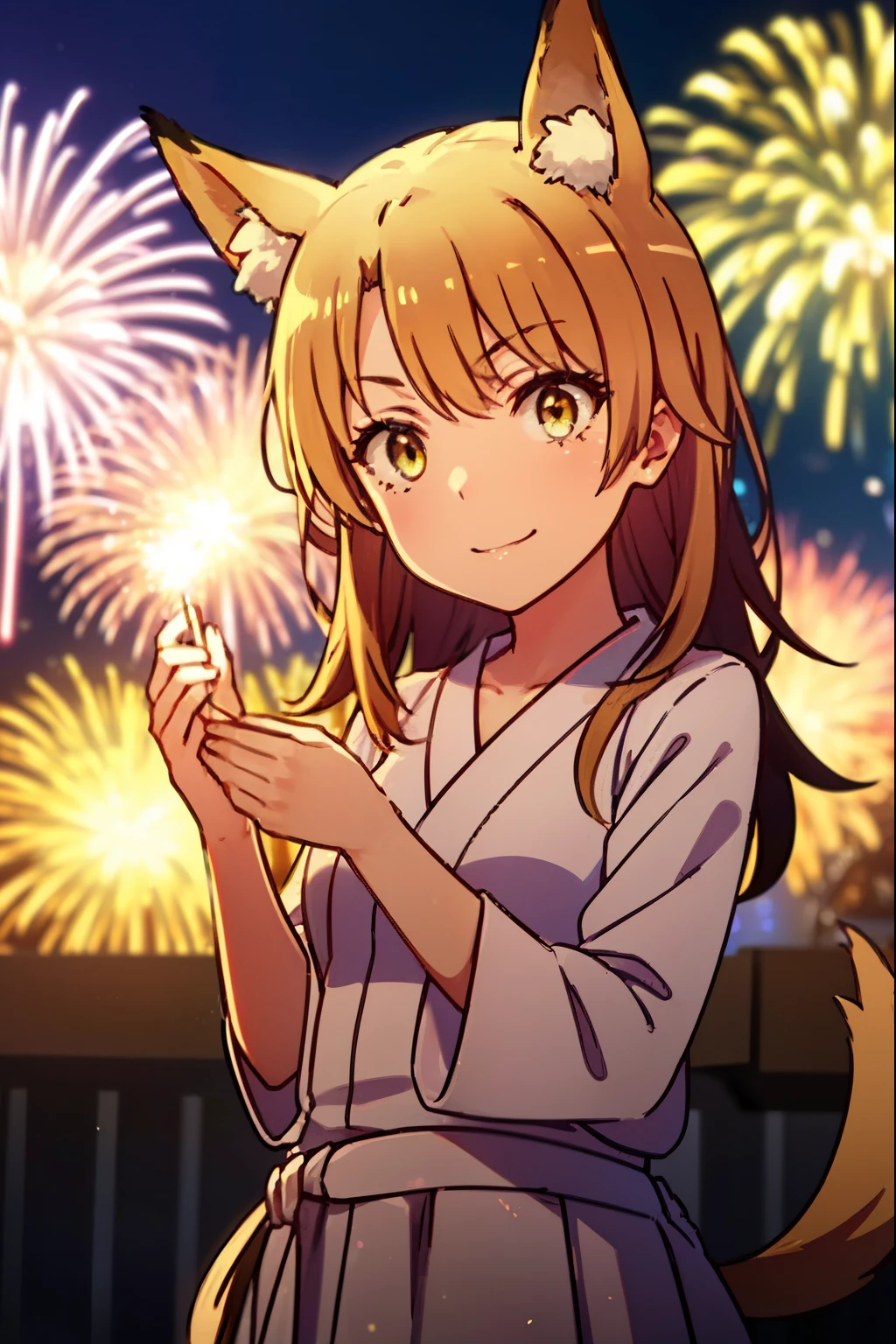 irohaisshiki, iroha isshiki, long hair, brown hair, (brown eyes:1.5), smile,blush,animal earsの綿毛, animal ears, fox ears, fox girl, Fox tail, brown hair, tail, yellow floral pattern yukata,long skirt,Fireworks in the night sky,fireworks,The place is a fireworks display,Time is night,sunny day,全身がイラストに入るように
break outdoors, festival,
break (masterpiece:1.2), highest quality, High resolution, unity 8k wallpaper, (figure:0.8), (detailed and beautiful eyes:1.6), highly detailed face, perfect lighting, Very detailed CG,(Beautiful detailed eyes:1.6), extra detailed face, extremely details CG,