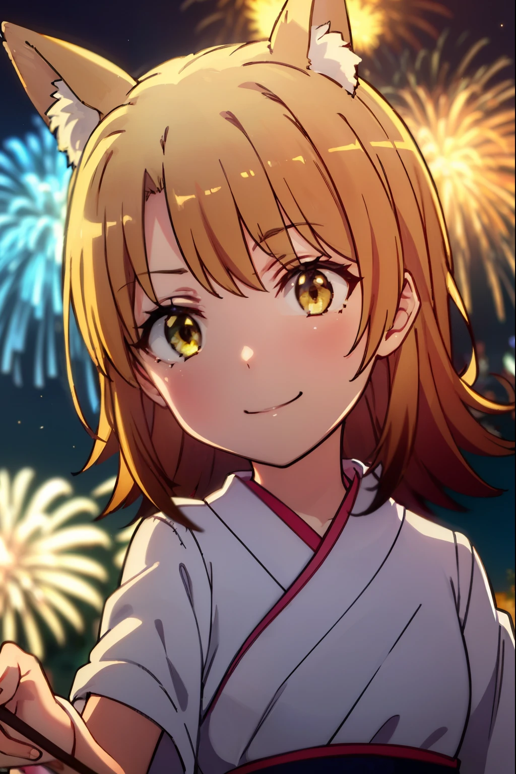 irohaisshiki, iroha isshiki, long hair, brown hair, (brown eyes:1.5), smile,blush,animal earsの綿毛, animal ears, fox ears, fox girl, Fox tail, brown hair, tail, yellow floral pattern yukata,long skirt,Fireworks in the night sky,fireworks,The place is a fireworks display,Time is night,sunny day,全身がイラストに入るように
break outdoors, festival,
break (masterpiece:1.2), highest quality, High resolution, unity 8k wallpaper, (figure:0.8), (detailed and beautiful eyes:1.6), highly detailed face, perfect lighting, Very detailed CG,(Beautiful detailed eyes:1.6), extra detailed face, extremely details CG,