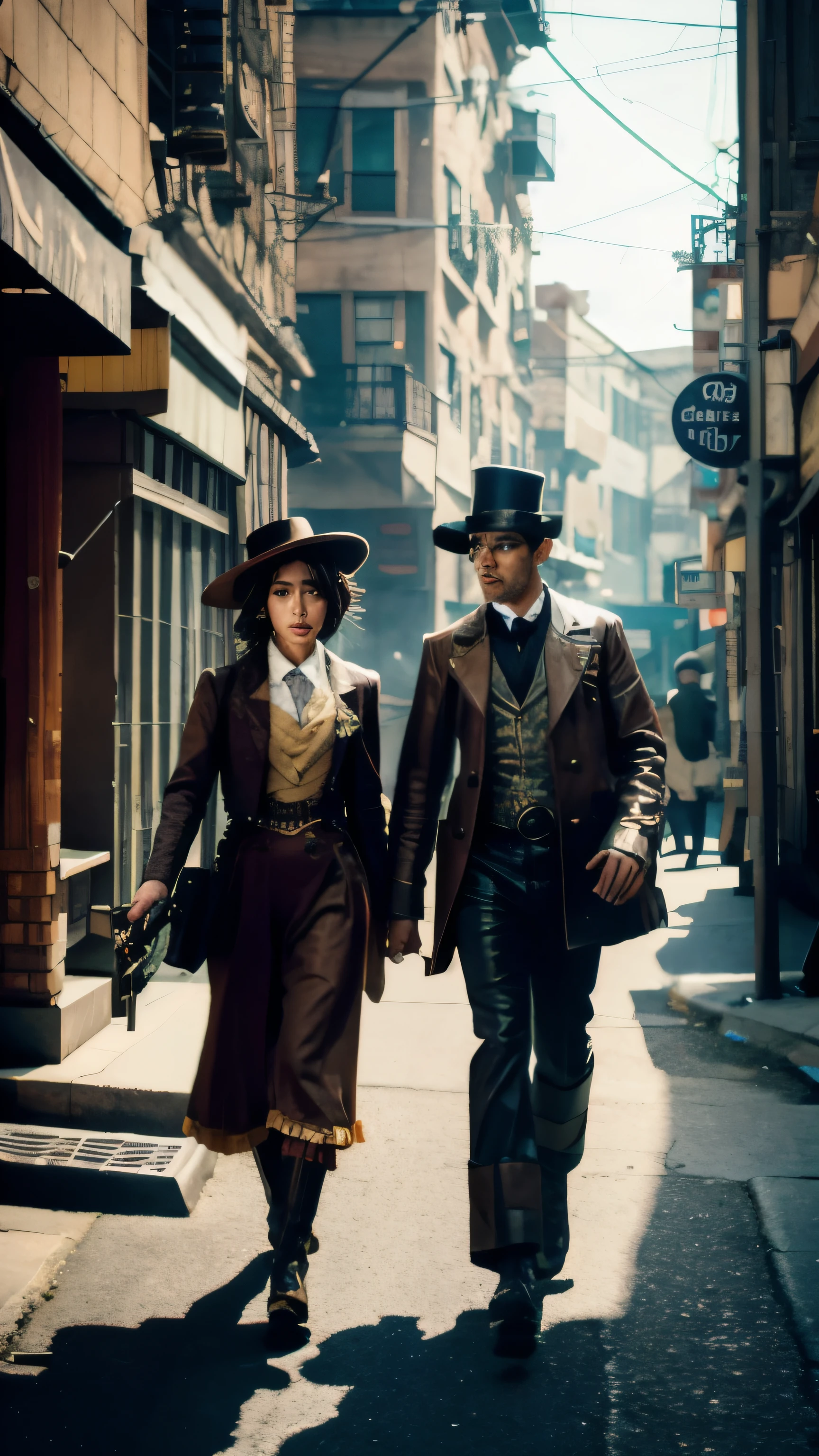 busy street full of people dressed in dieselpunk costumes, vibrant, photorealistic, realistic, dramatic, dark, sharp focus, 8k