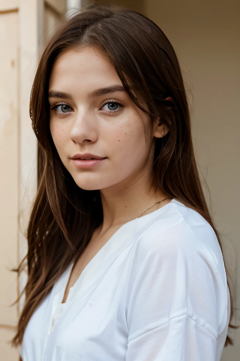 Hyper realistic caucasian girl 20 years old light brown hair, blue eyes, and a little bit of freckles