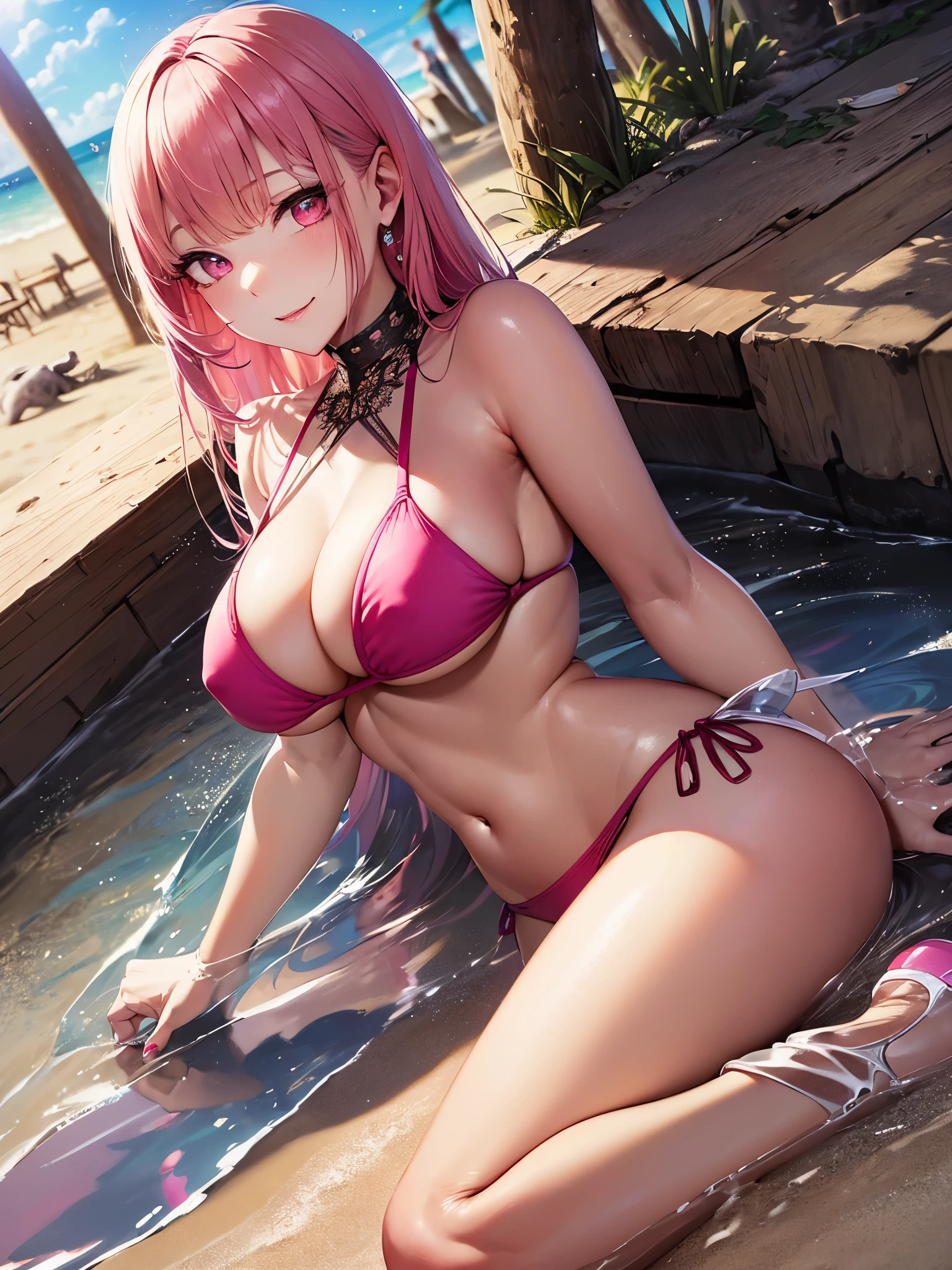 ((highest quality)),(ultra high resolution),(Super detailed),(detailed description),((best CG)),(best work of art),super precision art,amazing drawing art,(Art with precise details:1.5), (1 adult female:1.5),(beautiful and well-shaped face:1.5),smile:1.5,(bright pink eyes:1.5),(A flashy high-leg bikini swimsuit with intricate details:1.6),(big breasts:1.6),side boob:1.4 underboob:1.4,toned body:1.3,thin waist:1.3,Beautiful leg lines:1.5, (A detailed and detailed beach resort:1.4),Sunlight pouring down:1.4,breeze:1.3,