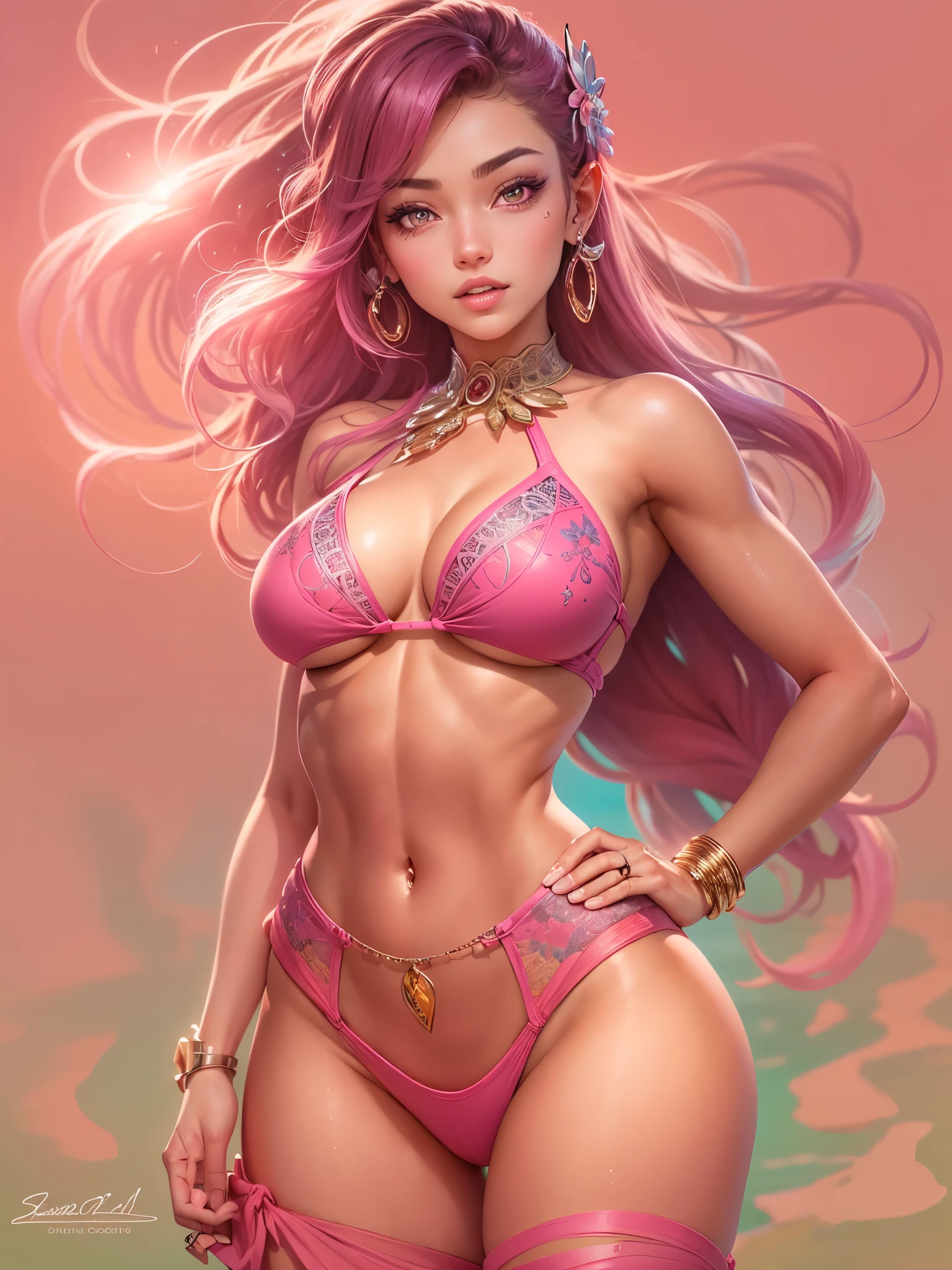 ((highest quality)),(ultra high resolution),(Super detailed),(detailed description),((best CG)),(best work of art),super precision art,amazing drawing art,(Art with precise details:1.5), (1 adult female:1.5),(beautiful and well-shaped face:1.5),smile:1.5,(bright pink eyes:1.5),(A flashy high-leg bikini swimsuit with intricate details:1.6),(big breasts:1.6),side boob:1.4 underboob:1.4,toned body:1.3,thin waist:1.3,Beautiful leg lines:1.5, (A detailed and detailed beach resort:1.4),Sunlight pouring down:1.4,breeze:1.3,