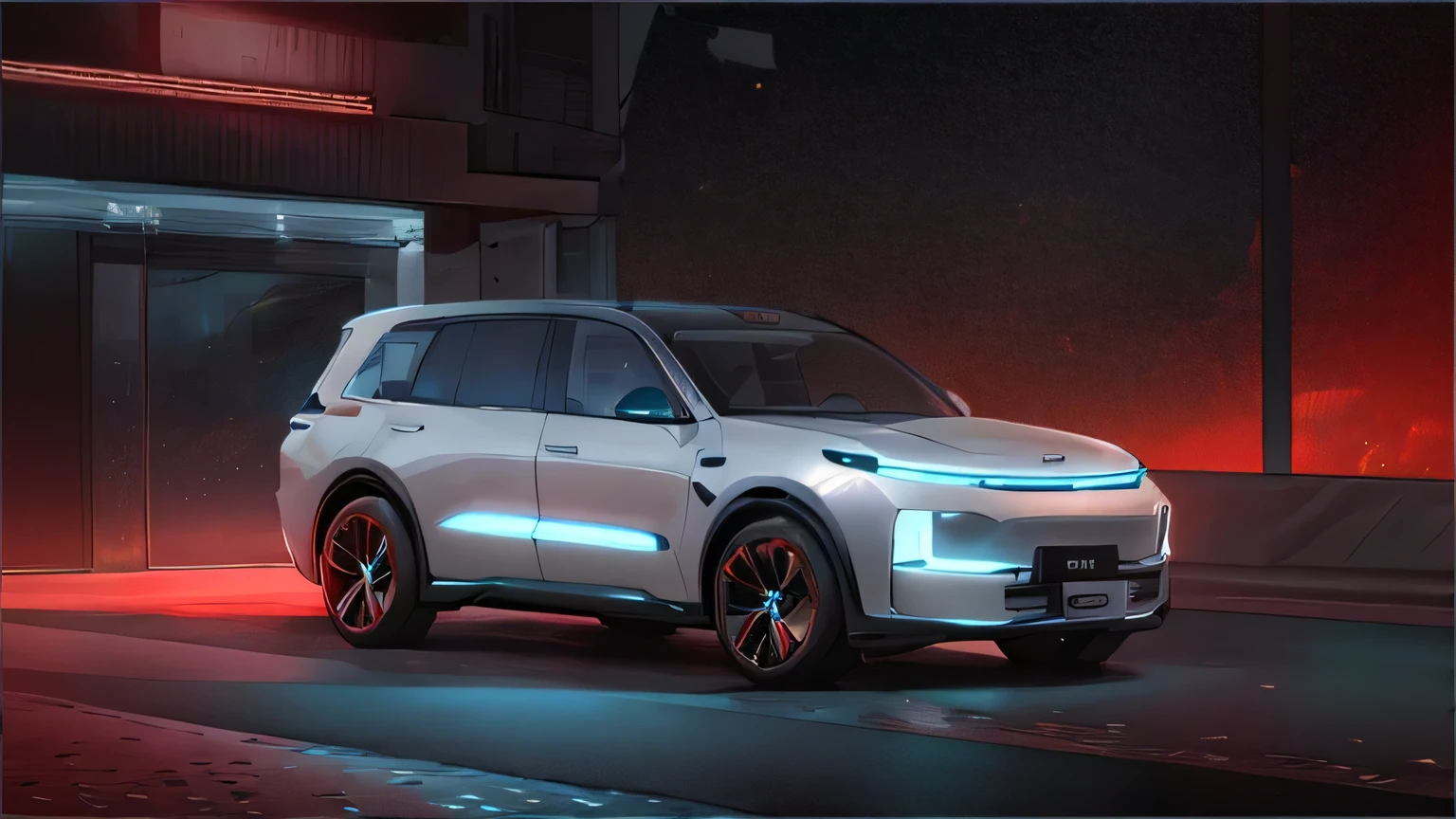A silver SUV is driving on the road,The background is a futuristic city,Integrated connected car lighting design,Panoramic view inside the car, hydrogen fuel cell vehicle, 3/4 front view, Smooth lines and great power, Clear and smooth lines, cyberpunk style,frontal shot, Future product automotive photography, High quality rendering, Outdoor shooting