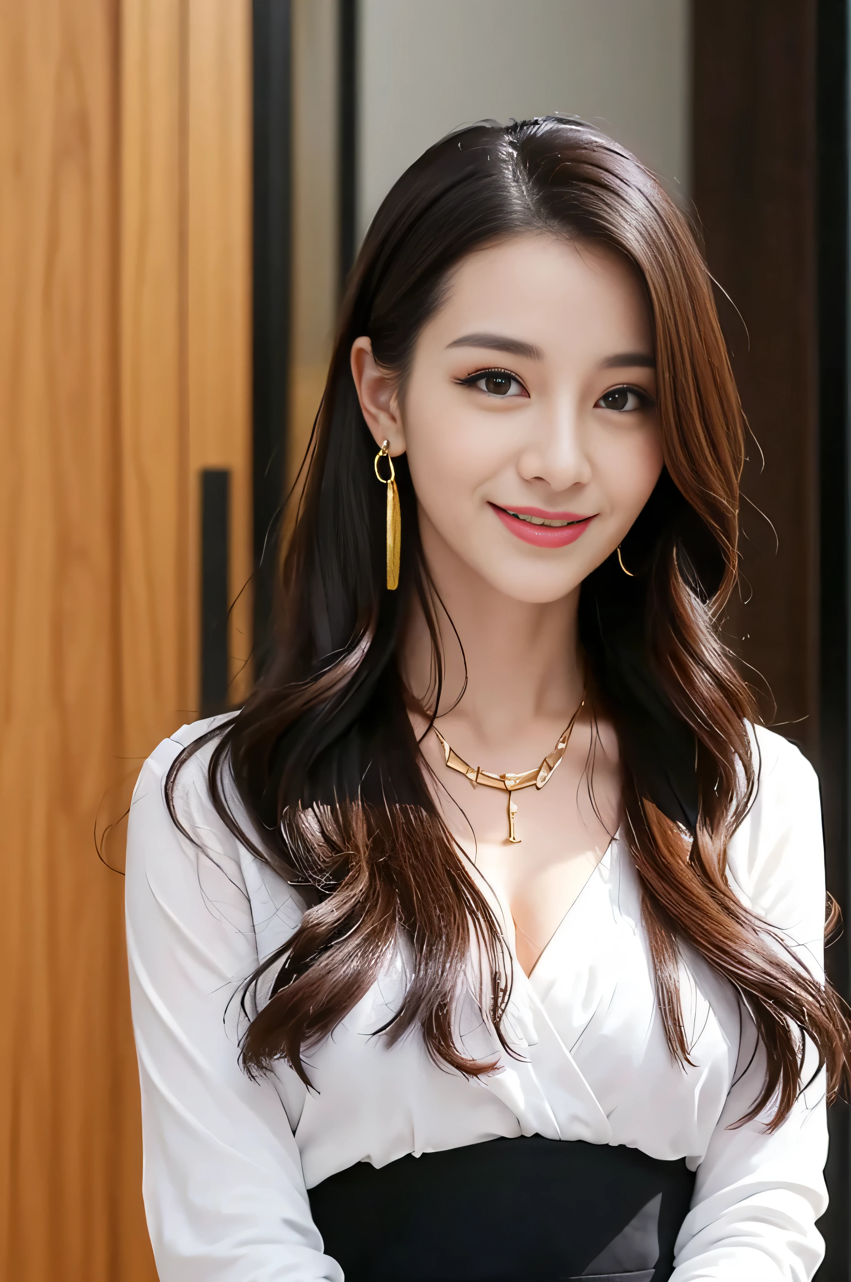 ((Highest image quality、8K、masterpiece:1.3))、1 girl、smile、Full body Esbian、slim face、cute woman、(dark brown hair)、super detailed face、detailed eyes、double eyelid、blurred background、slim face、city_super long brown hair、big breasts、full body shot、on the hotel bed、loose wavy hair、gold necklace_Large earrings、No facial expression、full body shot、Standing gracefully、Chest cleavage,nippleless,wearing in shirt, Wearing a blouse, in a white shirt, Smooth white tight clothes suit, Office Clothes,