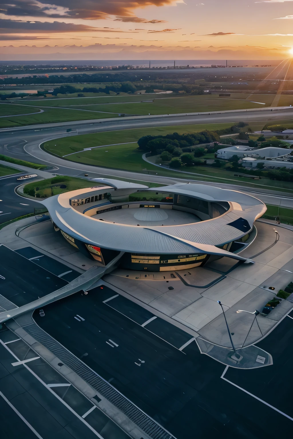 Exterior perspective of an web shaped airport, futuristic style, , curve roofs, , aerial view, with landscaping , add parked airplanes, sunset background