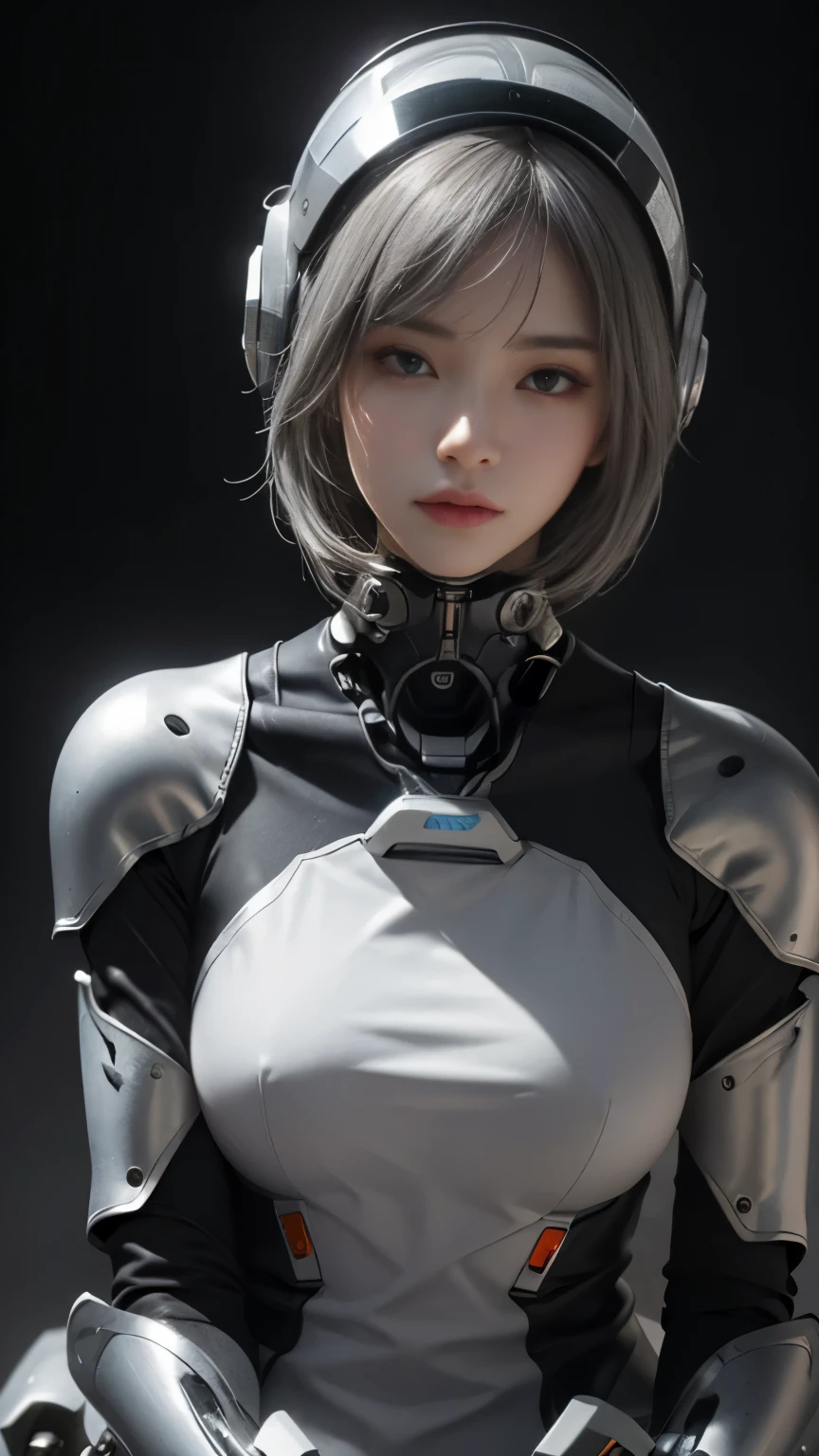 Highest image quality, outstanding details, ultra-high resolution, (realism: 1.4), the best illustration, favor details, highly condensed 1girl, with a delicate and beautiful face, dressed in a black and silver mecha, wearing a mecha helmet, holding a directional controller, riding on a motorcycle, cool beauty,tall girl,short hair,silver hair,Precisely expresses details such as face and skin texture,beautiful eye, double eyelid,delicate skin,slender body shape,alone,big breasts,the background is a high-tech lighting scene of the future city.