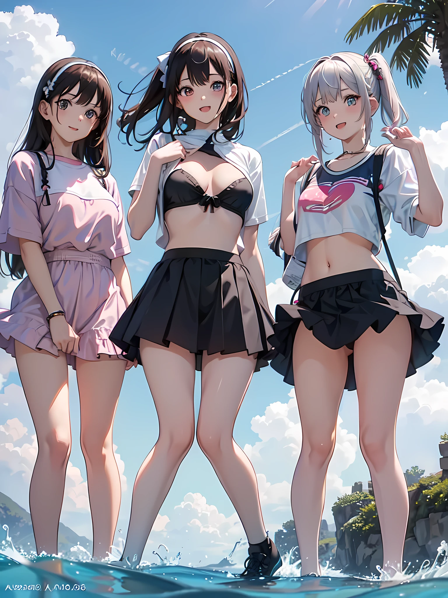 ((highest quality)), ((masterpiece)), (3 girls:1.3), Three cute girls are posing for the camera outdoors underwater, (shirtを持ち上げる),micro bikini,very small bra,(The wind flips my skirt), three people standing in a row, (Close-up shot from the knee:1.3), (open your mouth and smile:1.3), ray tracing, (bubble butt), bend over, hair band, head band, hair bobble, blouse, shirt, (pastel colored underwear), (high resolution eyes:1.5), (High definition finger 1.5), light smile, realistic, knee socks, Asian, Westerners, silver hair, brown hair, blonde, (belly button), jewelry, looking at the viewer, necklace, small breasts, long hair, short hair, (abs),
