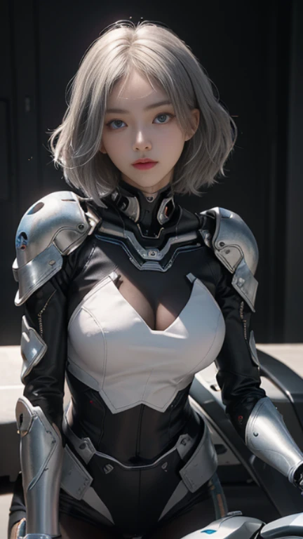 Highest image quality, outstanding details, ultra-high resolution, (realism: 1.4), the best illustration, favor details, highly condensed 1girl, with a delicate and beautiful face, dressed in a black and silver mecha, wearing a mecha helmet, holding a directional controller, riding on a motorcycle, cool beauty,tall girl,short hair,silver hair,Precisely expresses details such as face and skin texture,beautiful eye, blue eye,double eyelid,delicate skin,slender body shape,alone,big breasts,the background is a high-tech lighting scene of the future city.