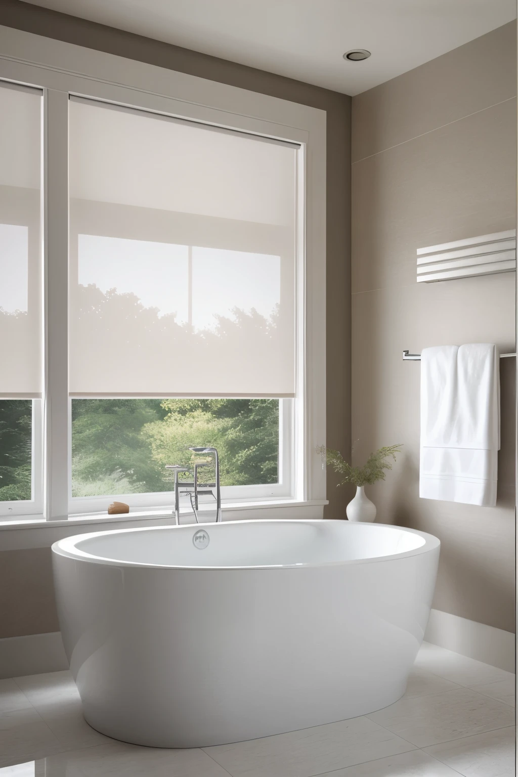 high quality, white roller shades, ultra realistic and extremely detailed, modern Interior Design Style bathroom window, in the bathroom, a woman is relaxing in a water tub, capturing the moment with a photograph, the roller shades filter the natural light, casting soft and elegant shadows on the bathroom walls, the water surface reflects the intricate patterns of the shades, creating a cinematic and serene atmosphere.
photographic [
The scene is a modern bathroom with a high-quality, white roller shade covering the window. The tub in the center is filled with bubbling water, and a woman is comfortably reclined, immersed in the warm water. The natural light filters in through