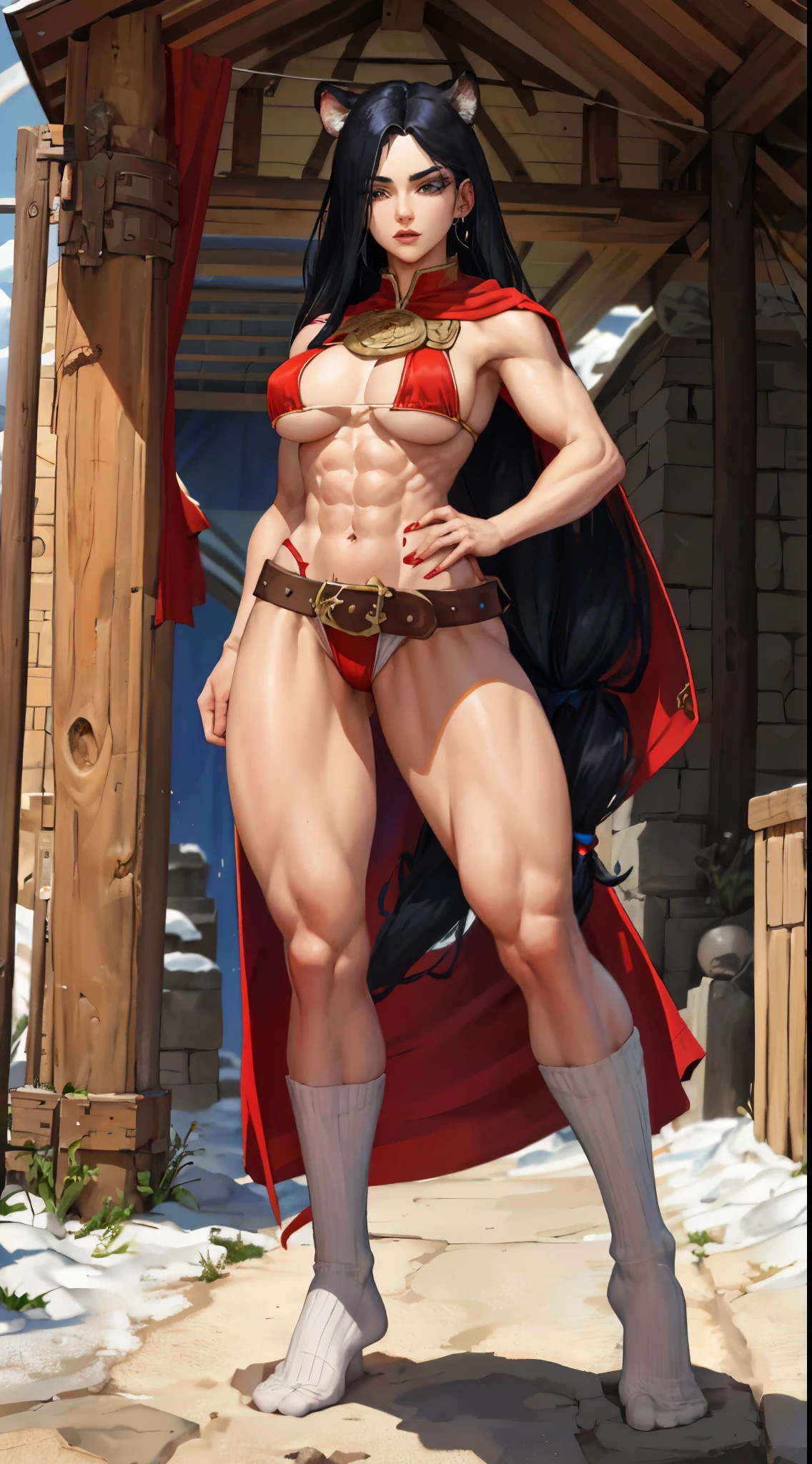 full body standing straight symmetrical, FEMALE warrior princess, big belt around waist, hair, very white skin like snow, strong abs, red tatto belly, red loincloth, tiger bikini, blue cape, sleeveless, black long socks

