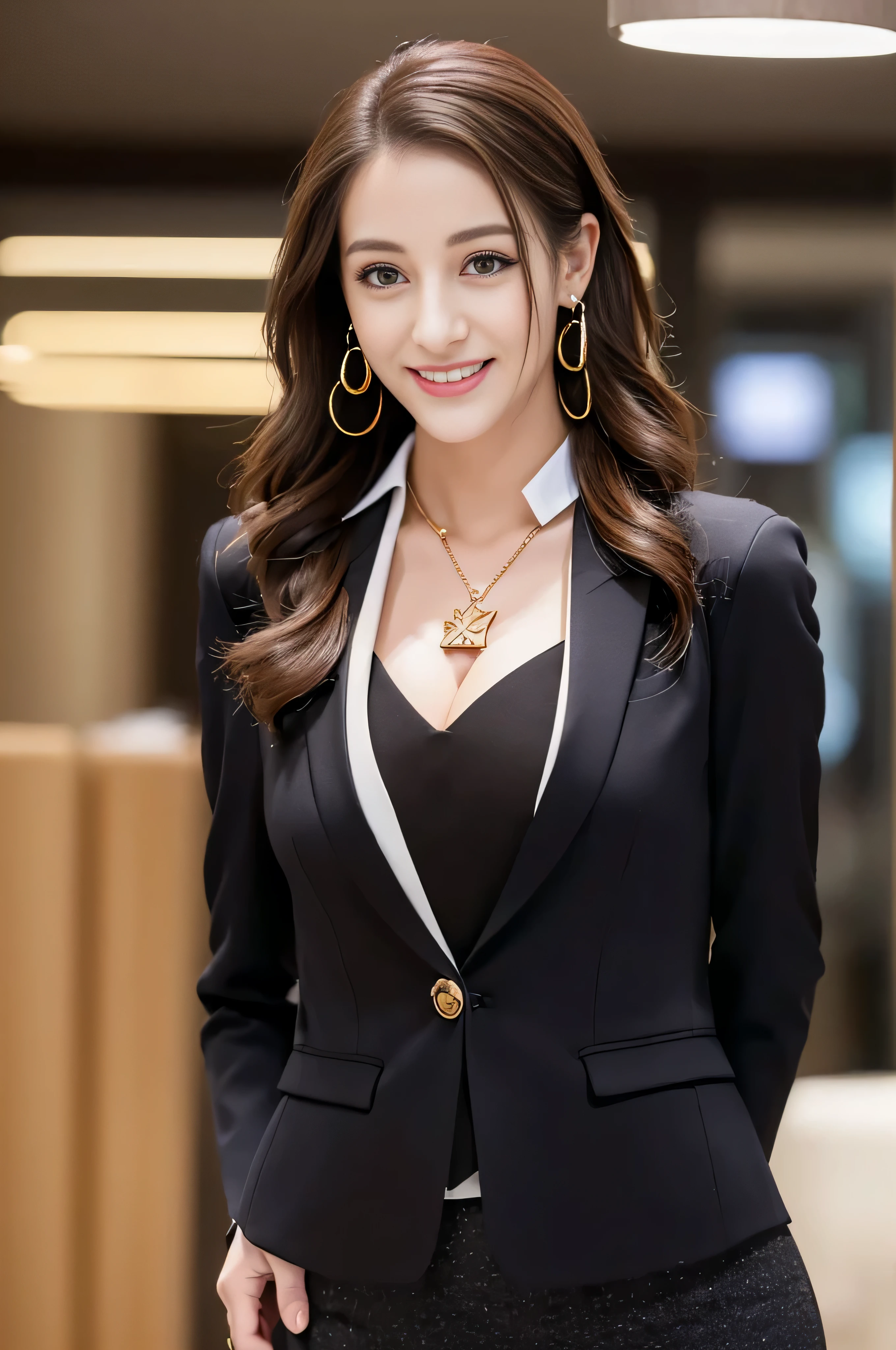 ((Highest image quality、8K、masterpiece:1.3))、1 girl、smile、Full body Esbian、slim face、cute woman、(dark brown hair)、super detailed face、detailed eyes、double eyelid、blurred background、slim face、city_super long brown hair、big breasts、full body shot、on the hotel bed、loose wavy hair、gold necklace_Large earrings、No facial expression、full body shot、Standing gracefully、cleavage、(tailored_Blazer_dress:1.5),(pointed_mule:1.4),(blazer jacket:1.4)、(pencil skirt:1.4、Jaqueta de Curro:1.3)、