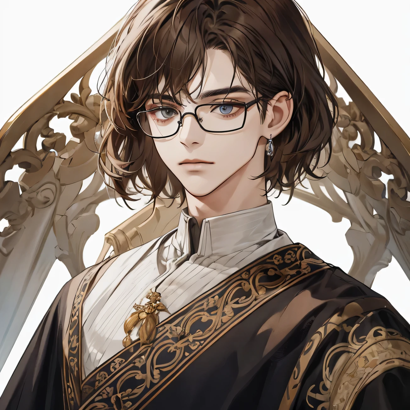 (Very delicate and beautiful:1.2), in 8K,(Masterpiece:1.0),(the most_quality:1.0), 1 Boy, short hair. brown hair, black eyes, wear glasses, smooth face, inert., Emotionless, and intricate details.., Enlarged surface, and intricate details.., Exquisite eyes and detailed face, and intricate details.., Medieval dress, perfect eyes, equal sight, white background, full upper body
